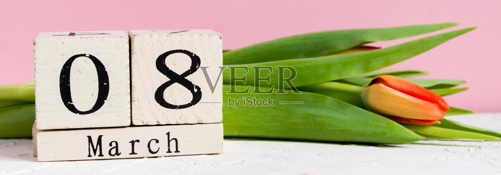 Intarnational女性一天。木历三月八号，粉红色背景上的红色郁金香，横幅照片摄影图片