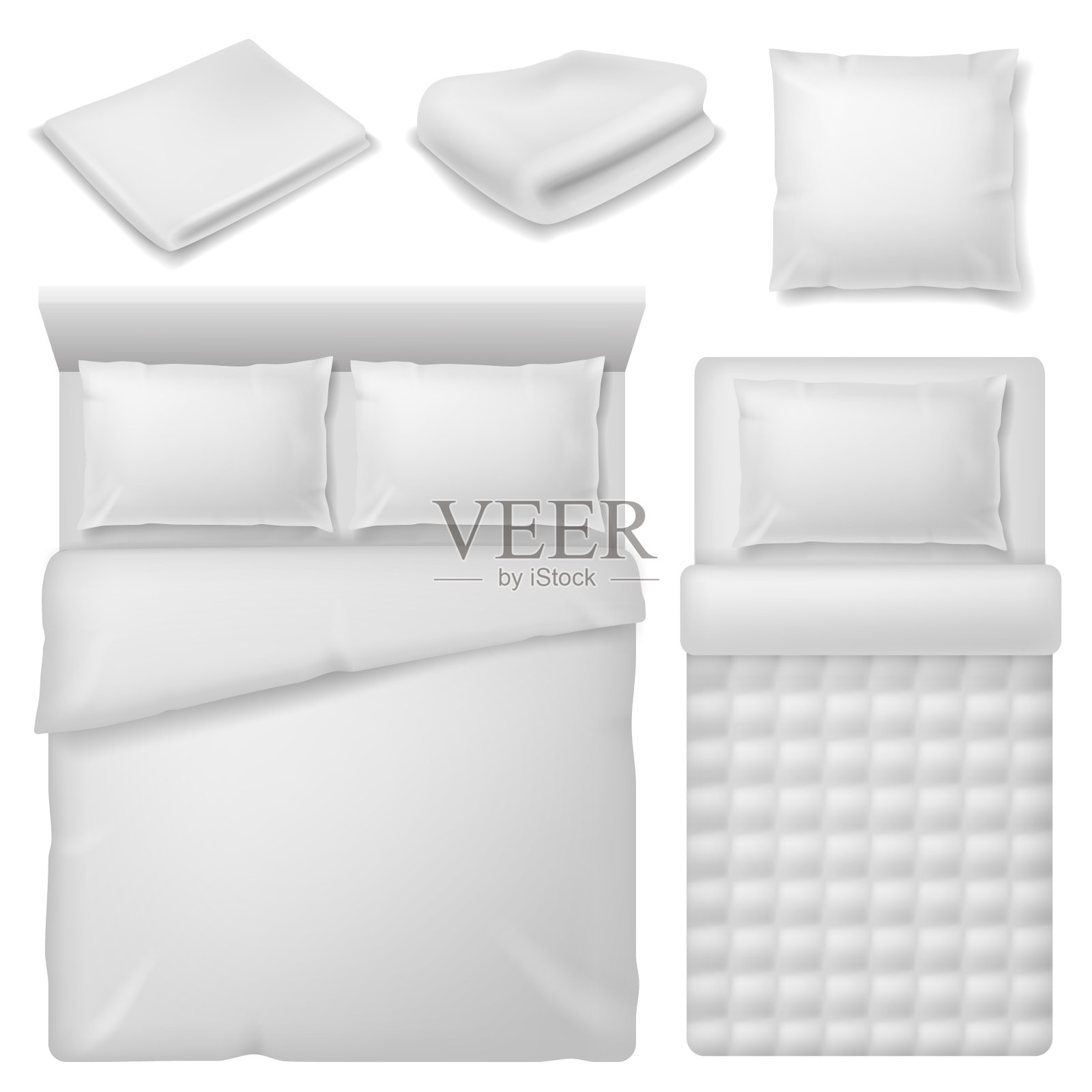 现实的床上用品。顶视图床上用品有白色亚麻布、毯子和枕头、柔软的棉质折叠毛巾、卧室家纺矢量套插画图片素材