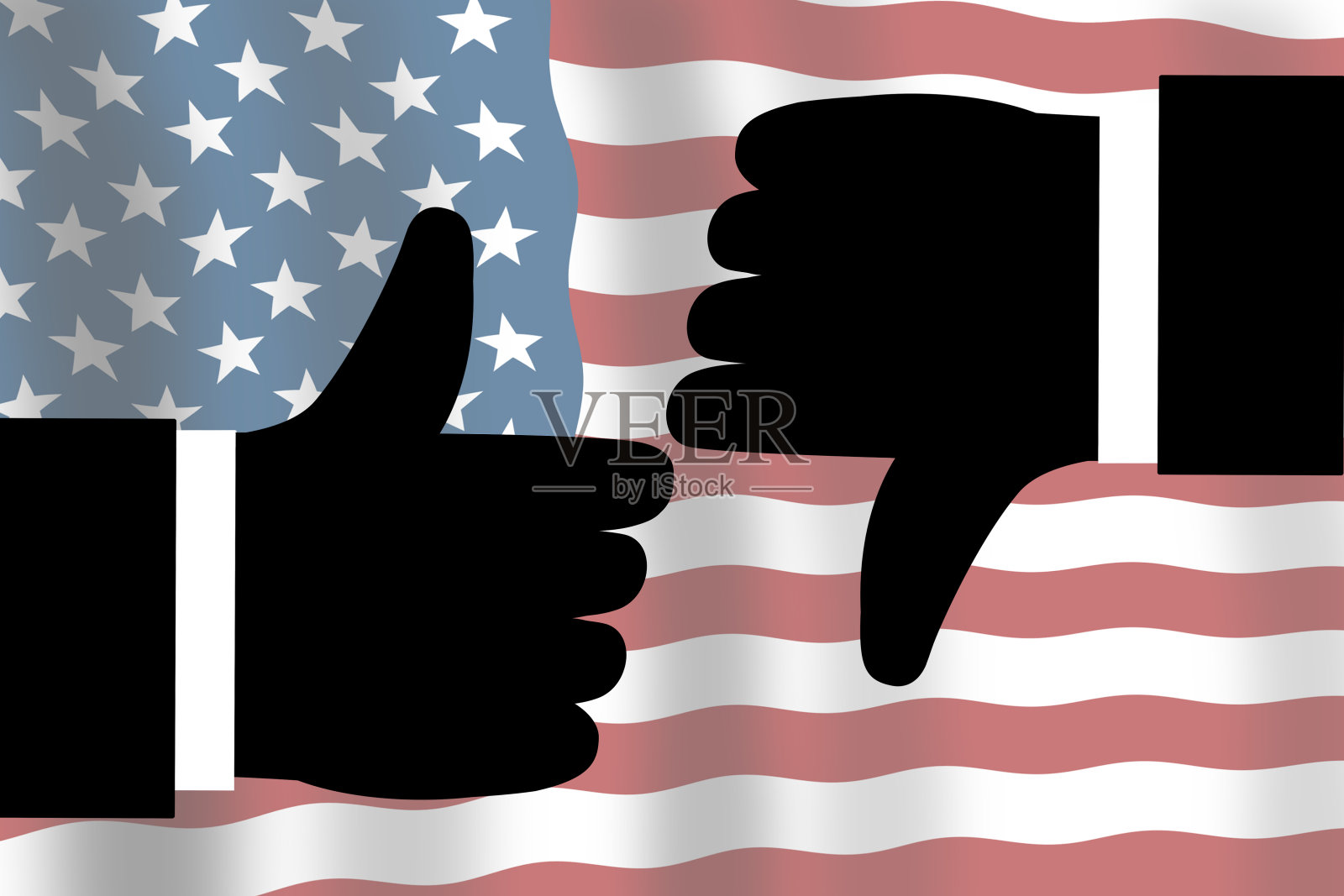 双手大拇指向上和向下，背景是美国国旗。美国总统选举概念。插画图片素材