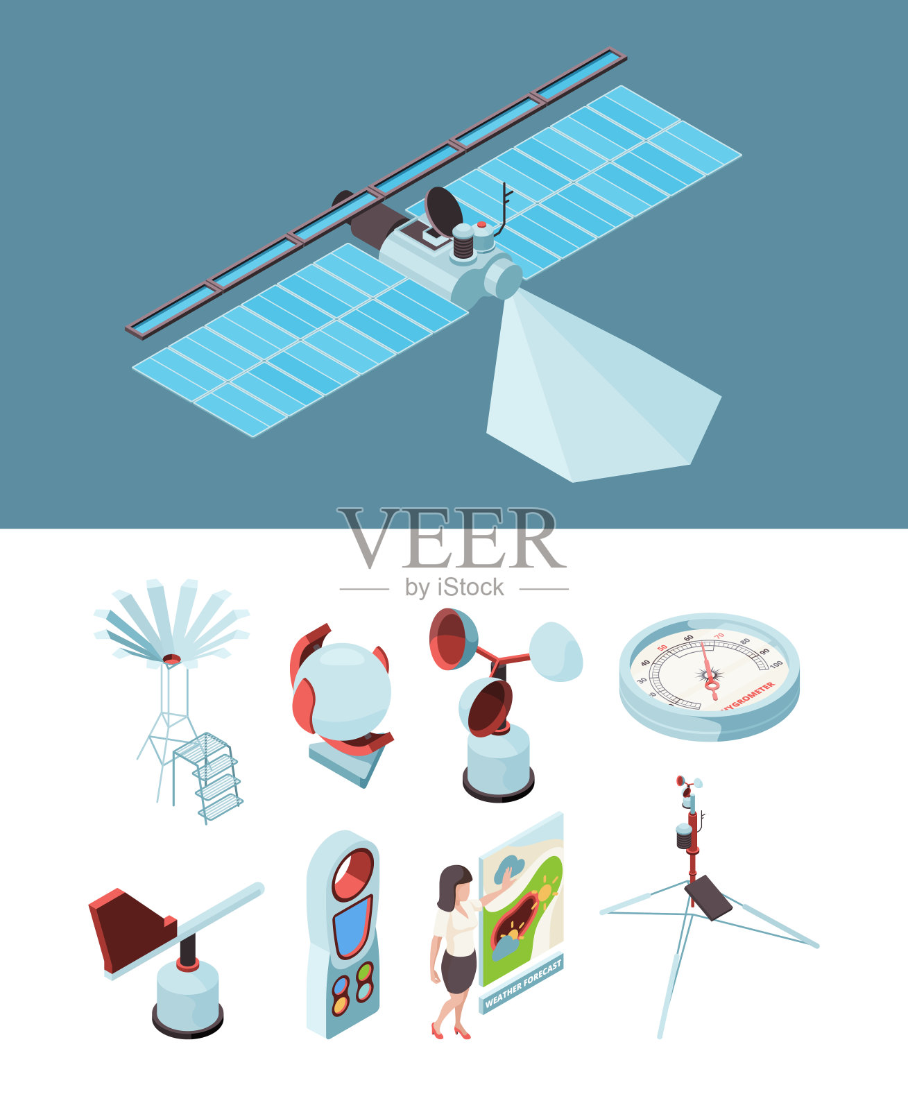 天气设备。气象站卫星测量袜风观测站插画图片素材