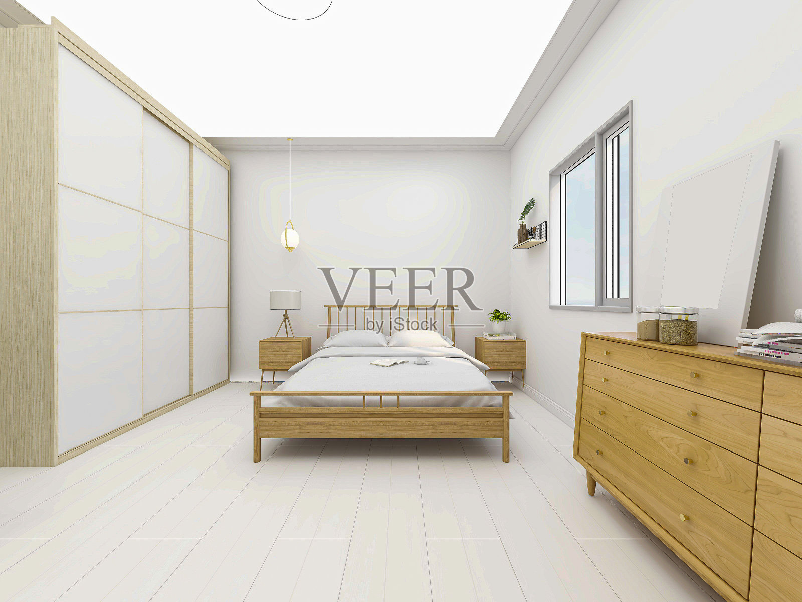 3D效果图，优雅宽敞的现代公寓卧室设计，大床旁边的大衣柜，配有梳妆台和绿色植物照片摄影图片