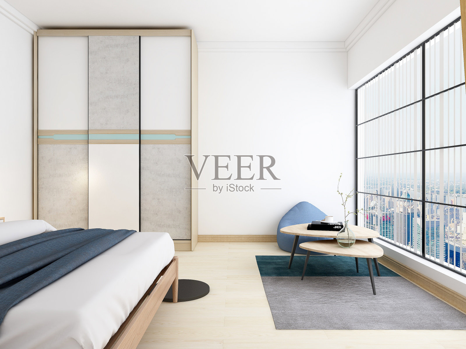 3D渲染，优雅现代的卧室设计，大床配大衣柜，还有茶几等，阳光从落地窗洒出来，非常舒适休闲。照片摄影图片