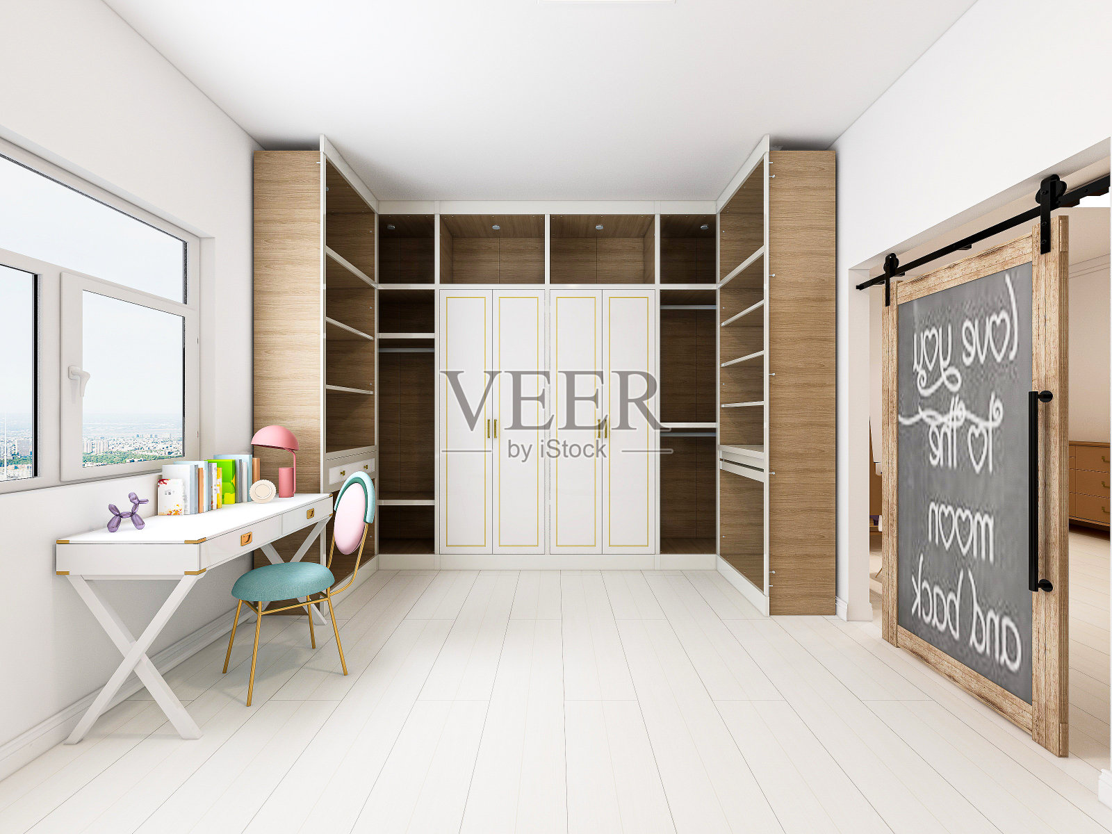 3D渲染，优雅宽敞的现代公寓儿童卧室设计，双人床旁配有大衣柜和梳妆台照片摄影图片