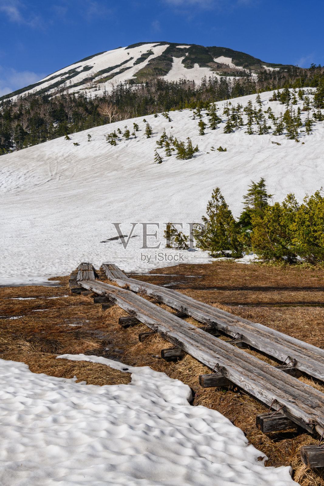 春天从熊泽渡城(Kumazawatashiro)看到的旭门武山(muuchigatake)照片摄影图片