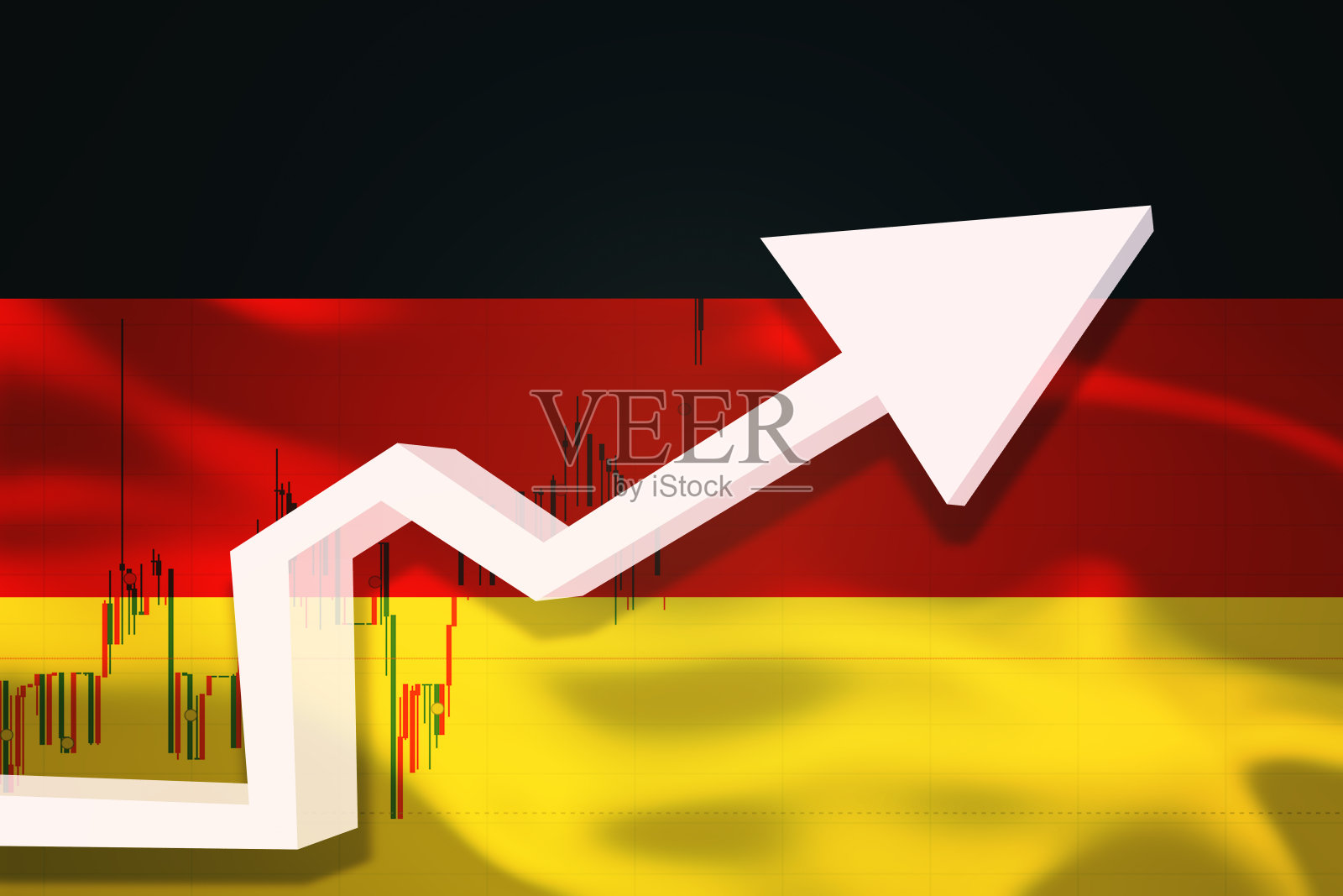 德国增长图表。白色3D箭头和股票图表成长在舞动的国家旗帜的背景下。插画图片素材