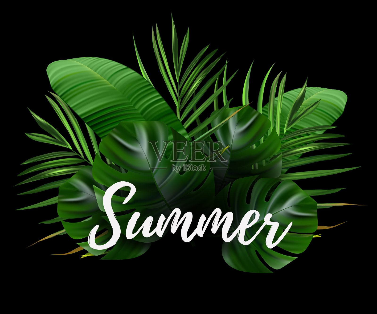 热带森林。丛林背景花和棕榈树。向量花卉插图。绿色热带森林旗帜。插画图片素材