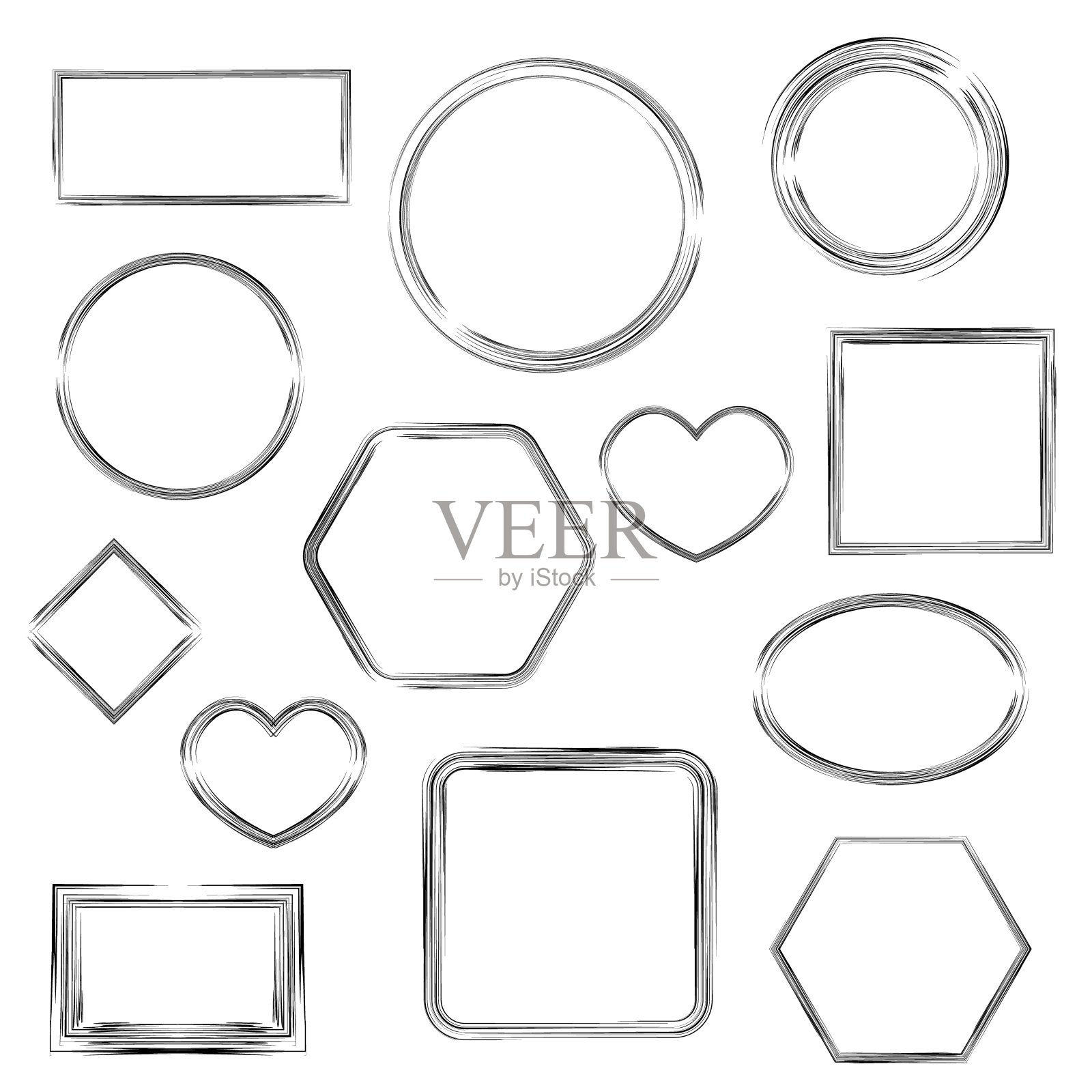 一套13个不同的独立框架的平面设计，装饰的社交网络。框架有方形、矩形、椭圆形和心形。用画笔画出的黑色垃圾线条插画图片素材