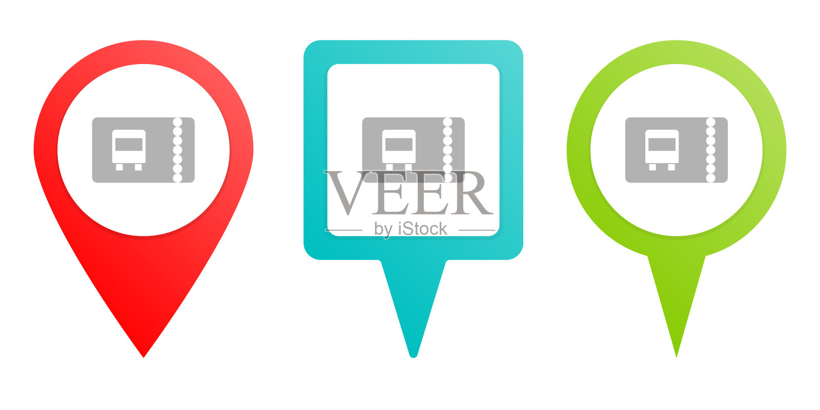 汽车、交通、机票。多色引脚矢量图标，不同类型的地图和导航点。图标素材