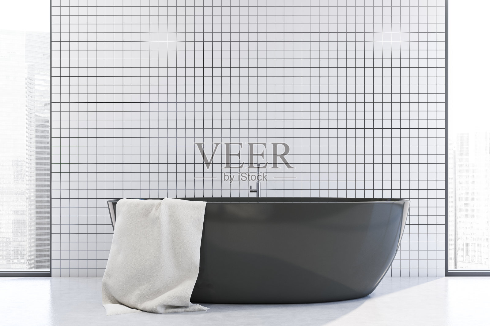 浴室内饰有白色瓷砖和浴缸照片摄影图片