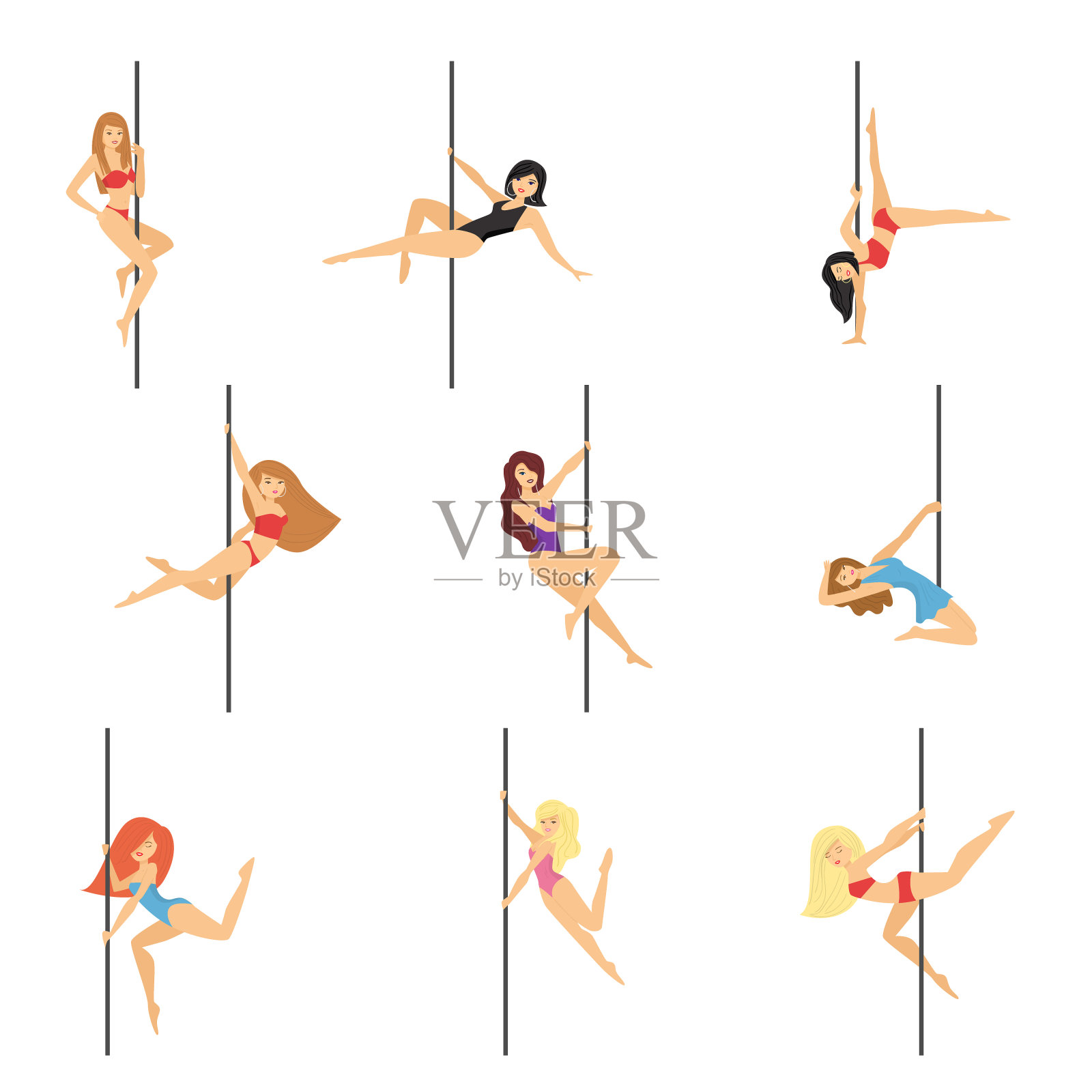 一组在白色背景上孤立的钢管舞者插画图片素材