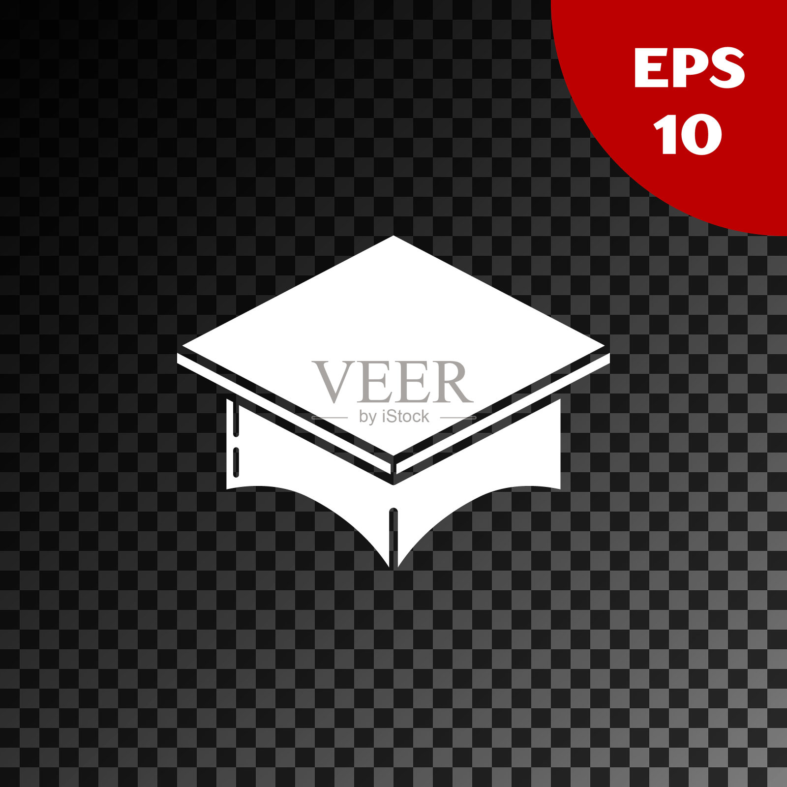 白色毕业帽图标孤立在透明的黑色背景。带流苏图标的毕业帽。矢量图插画图片素材