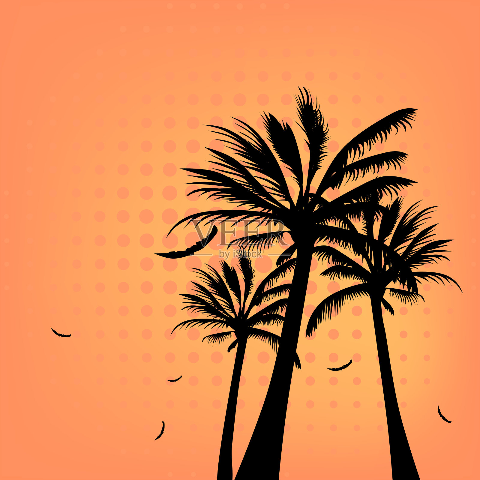 棕榈树和鸟的轮廓在橙色模糊的背景与半色调。插画图片素材