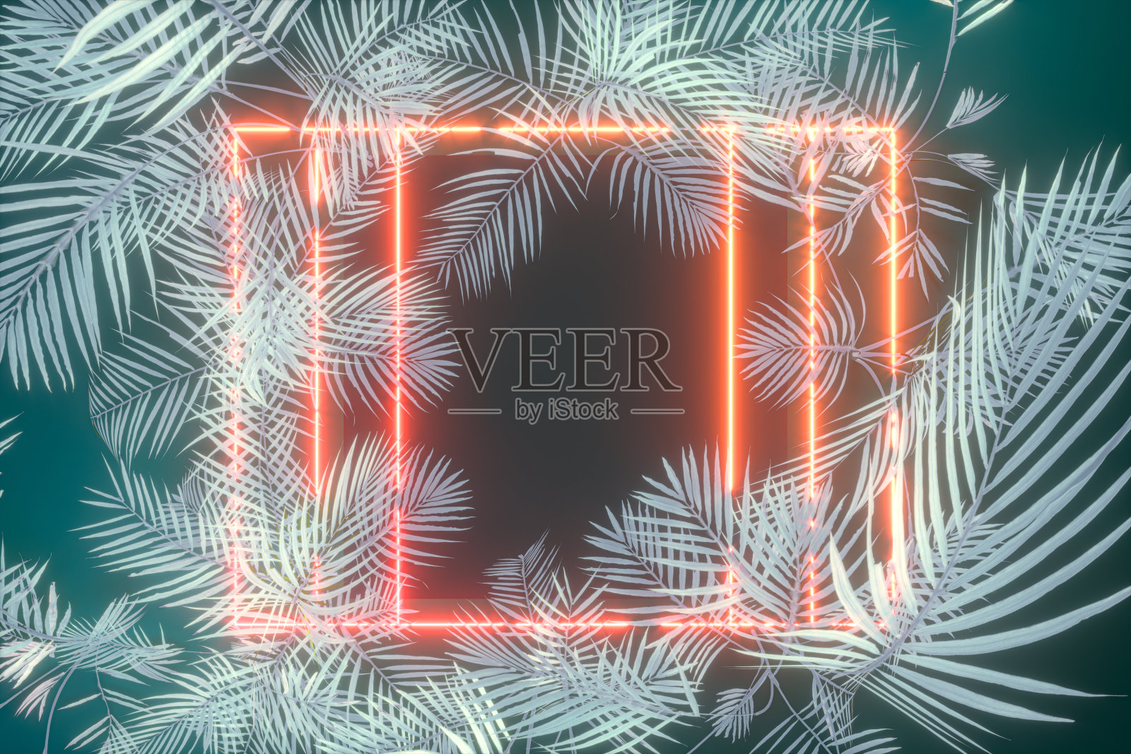 植物和霓虹绿色背景，3d渲染。照片摄影图片