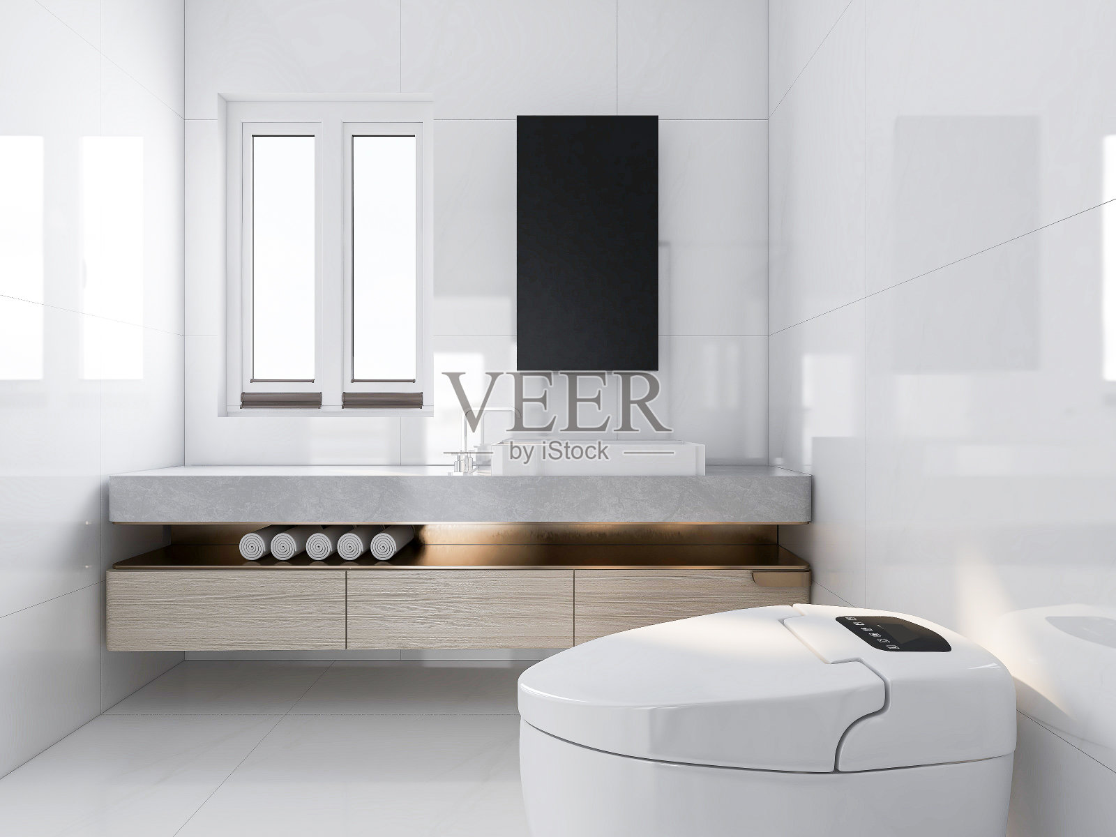 3D效果图，洁净的现代住宅浴室和卫生间设计，配备盥洗台、马桶、浴缸、梳妆台、淋浴设备和绿色植物。照片摄影图片