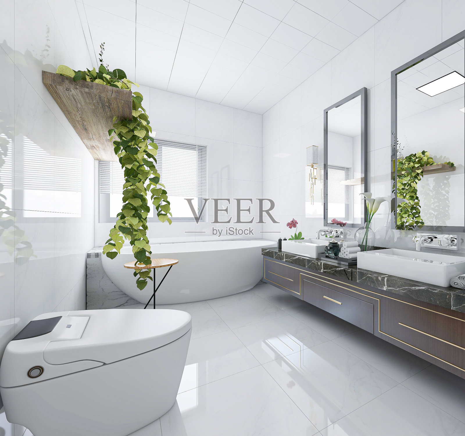 D效果图，现代住宅洁净浴室设计，配有洗手盆、镜子、马桶、淋浴设备和浴缸，阳光从落地窗照射进来。照片摄影图片