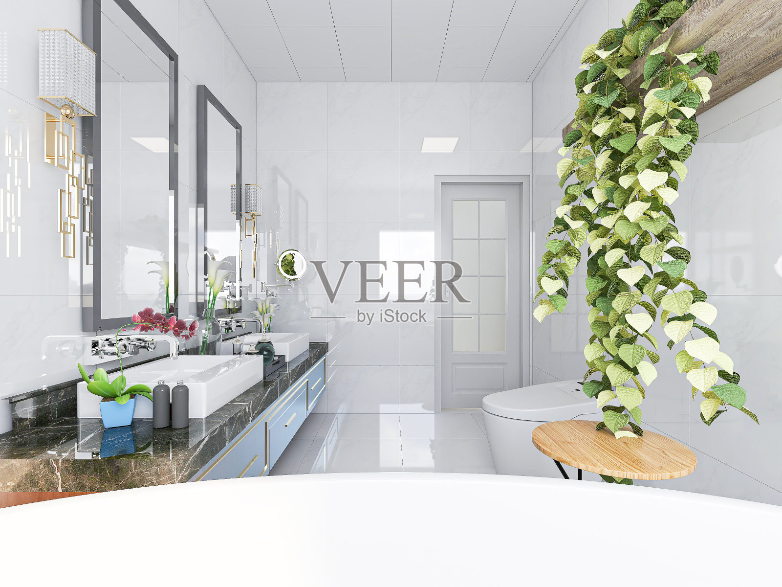 D效果图，现代住宅洁净浴室设计，配有洗手盆、镜子、马桶、淋浴设备和浴缸，阳光从落地窗照射进来。照片摄影图片