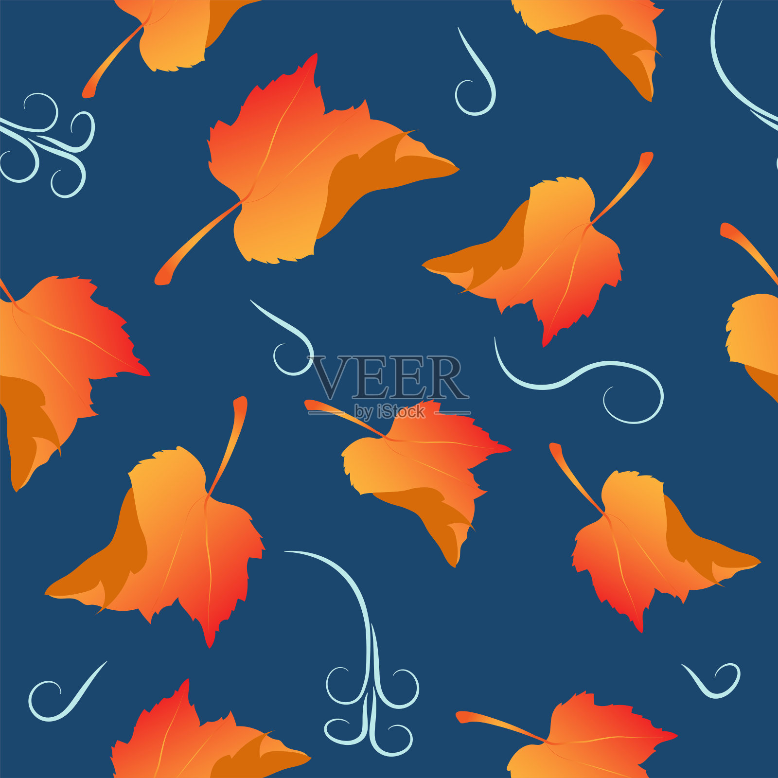 无缝图案与五颜六色的秋叶在风中蓝色的背景。矢量插图。插画图片素材