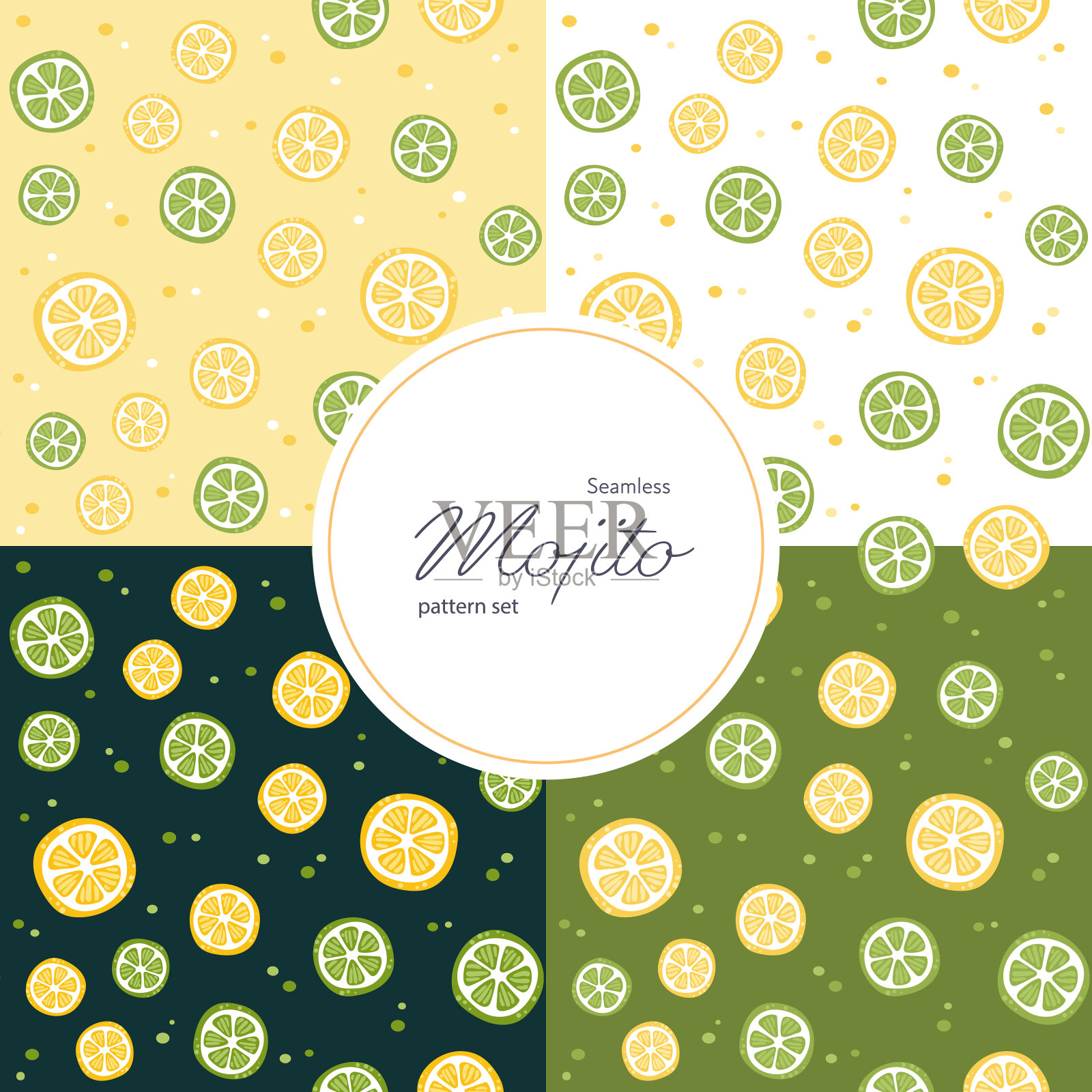 向量无缝柑橘模式设置。4块重复瓷砖的集合由扁平的卡通酸橙和柠檬片象征。设计夏季水果菜单，网页，海报，包装纸，背景。插画图片素材