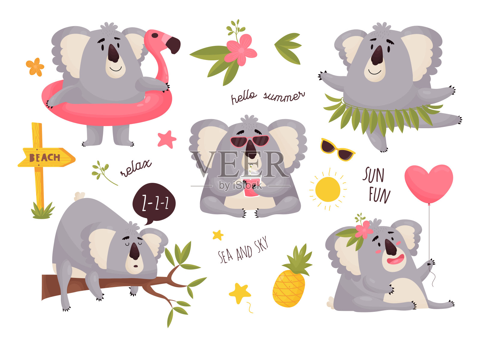 可爱的考拉向量集。有趣的人物被孤立在白色的背景上。插画图片素材