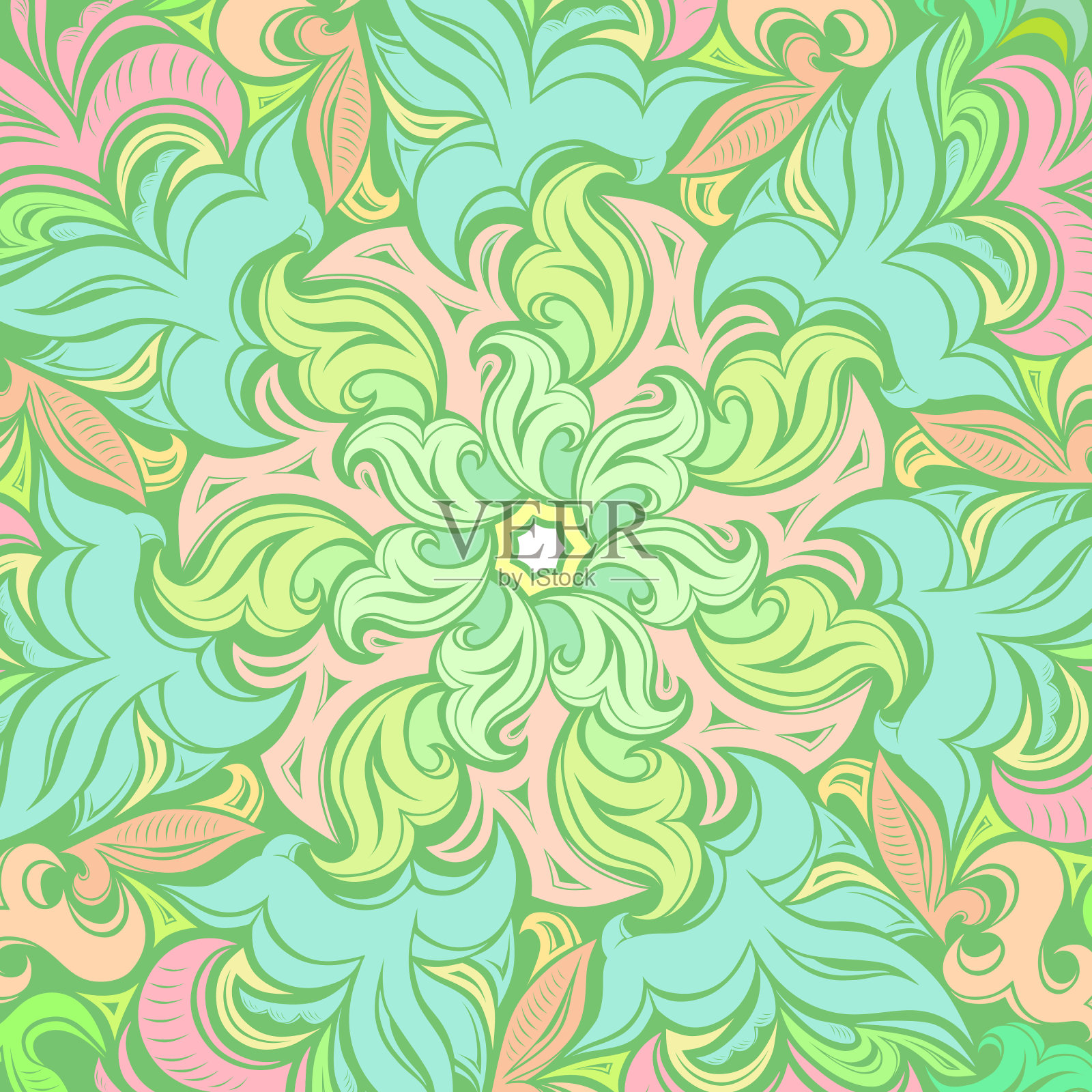 复古装饰背景与柔软的绿色春天曼陀罗和植物插画图片素材