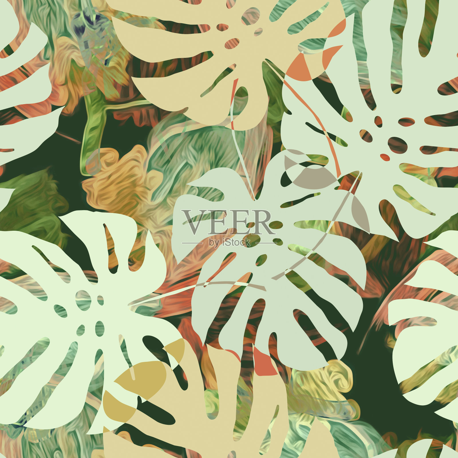 热带叶与抽象的背景，无缝模式。插画图片素材