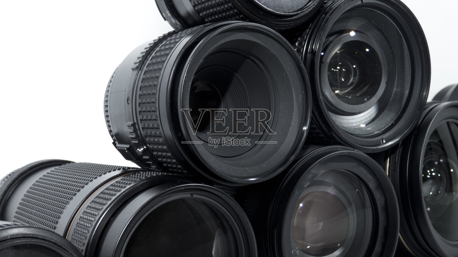 在白色背景上孤立的相机镜头集合。照片摄影图片