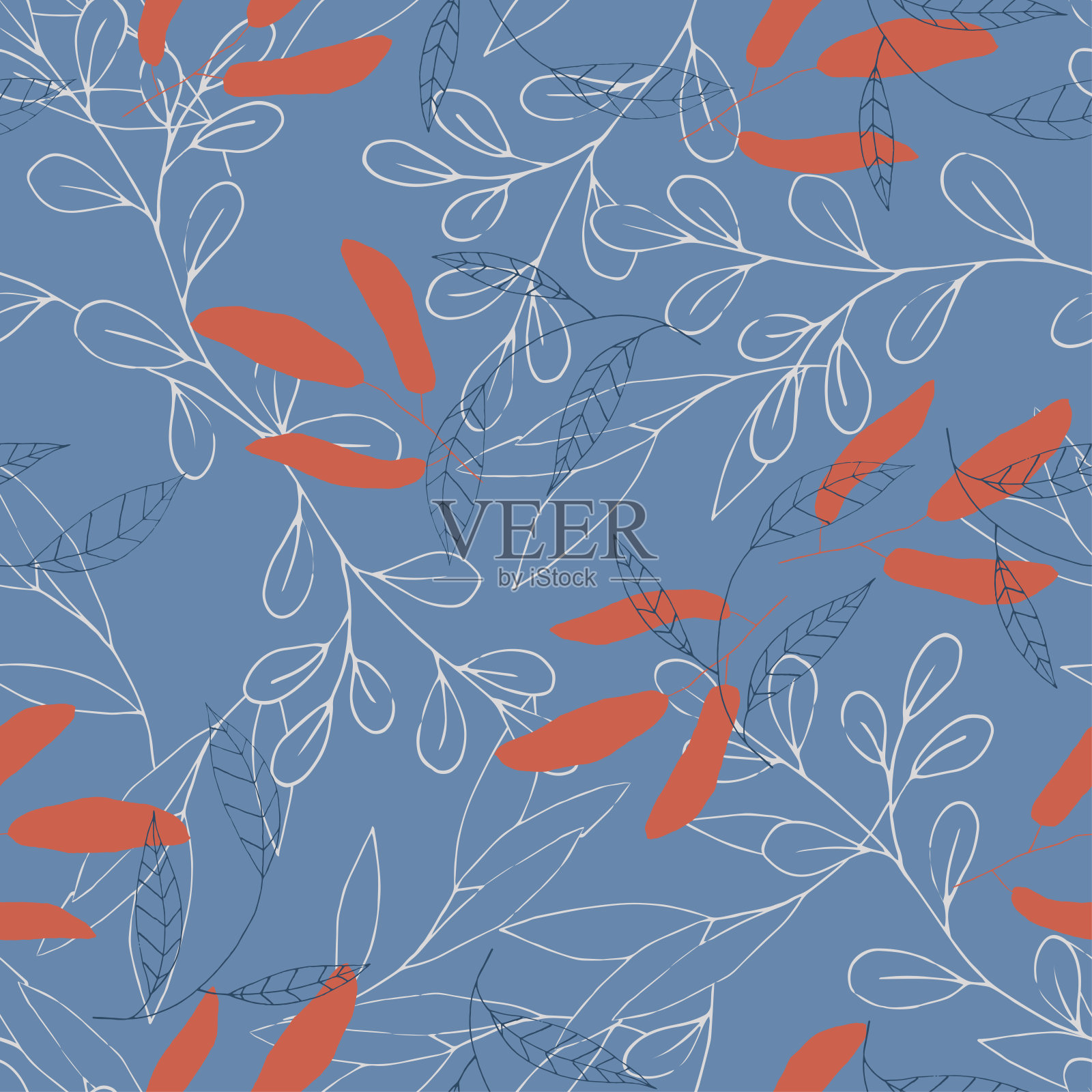 浪漫橙叶手绘无缝图案，涂鸦纹理。秋园，枝叶落不尽的概念。在蓝色背景上画出白色的植物或药草。插画图片素材