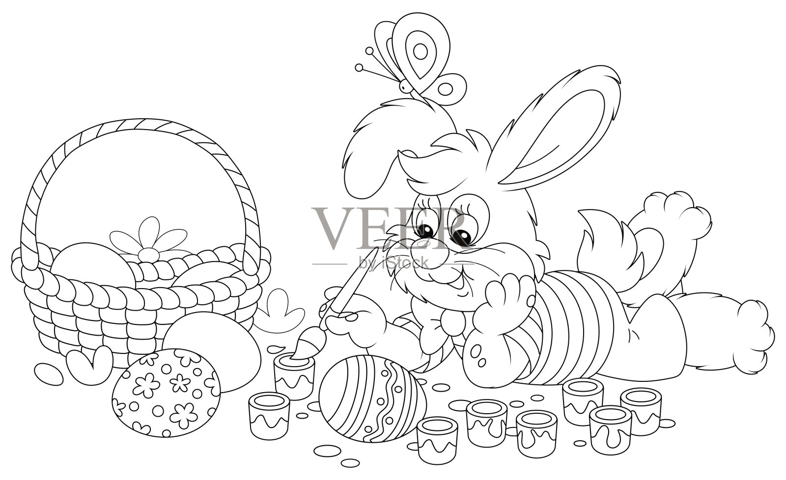 快乐的小兔子画华丽的复活节彩蛋插画图片素材