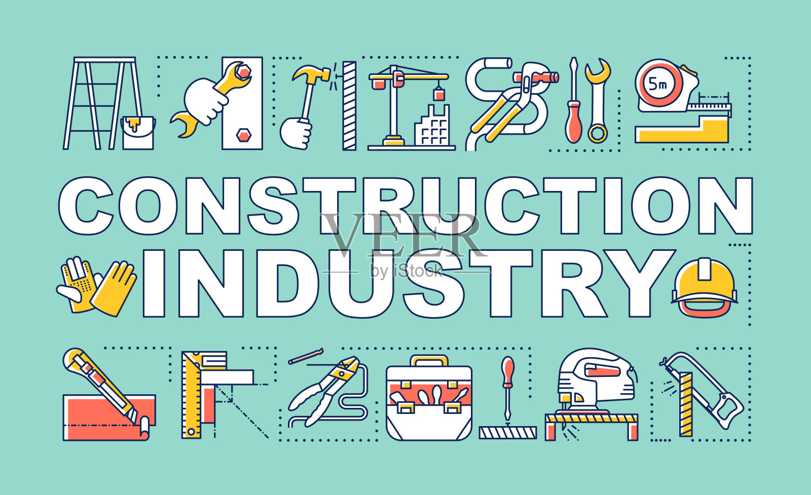 建筑行业字概念横幅。房屋修理和翻新。建筑的院子。演讲中,网站。孤立的字母排版与线性图标的想法。向量大纲说明插画图片素材