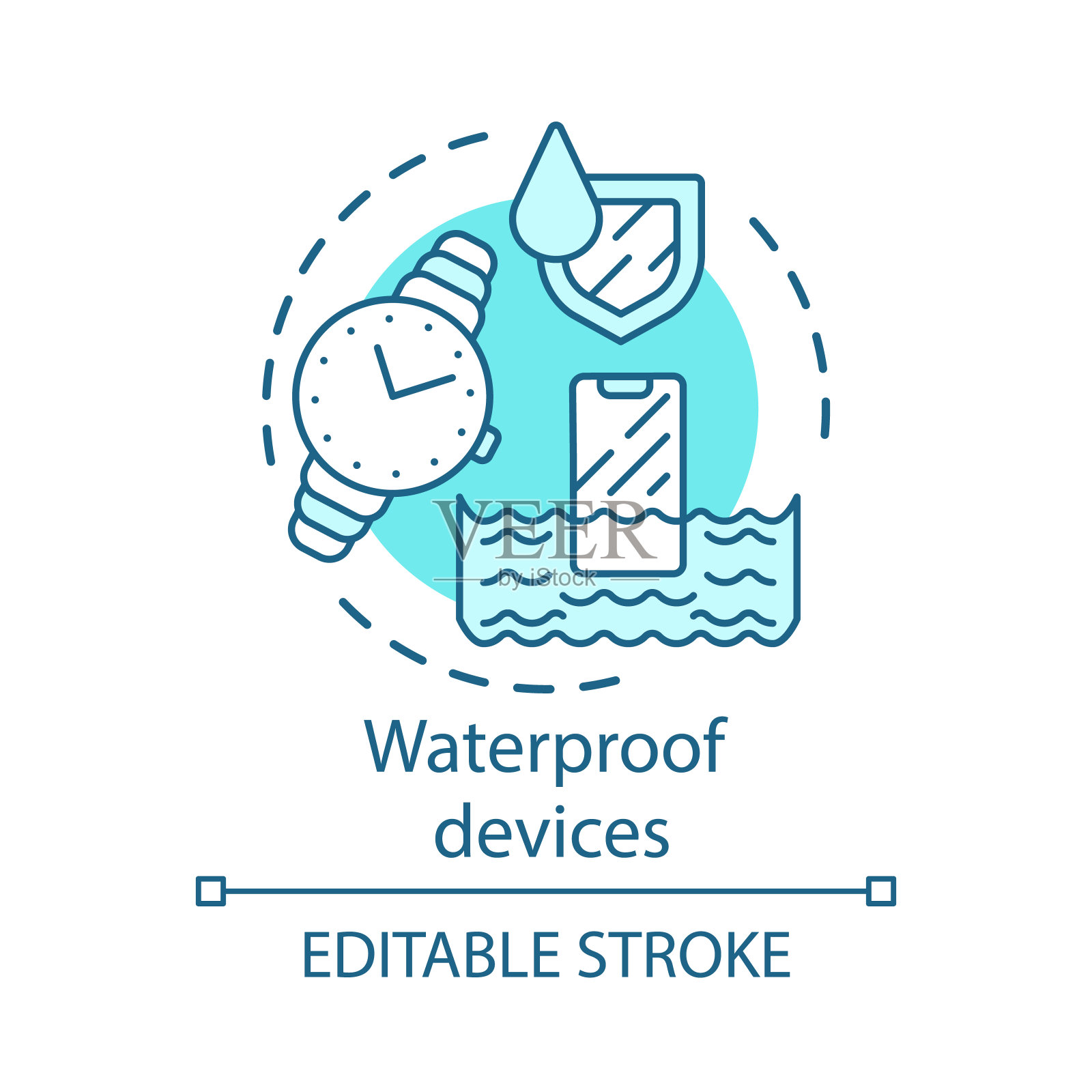 防水小玩意概念图标。防水装置想法细线插图。手表、智能手机、电子产品的防潮。矢量孤立轮廓绘制。可编辑的中风插画图片素材