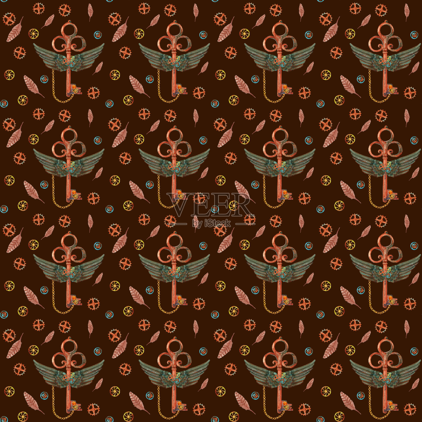 无缝图案与生锈的水彩钥匙与翅膀，齿轮和链条。蒸汽朋克的背景。插画图片素材