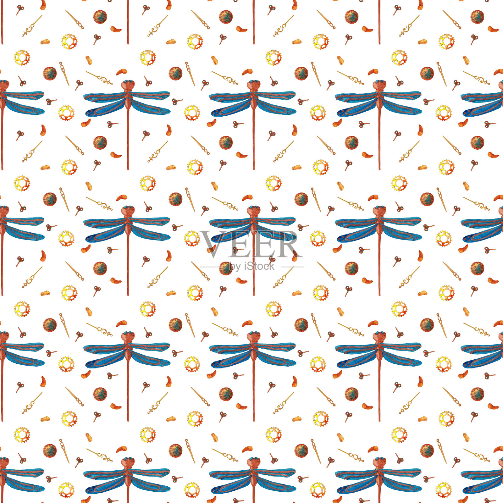 无缝模式与蒸汽朋克元素:蜻蜓，齿轮，手表键。蒸汽朋克的背景。插画图片素材