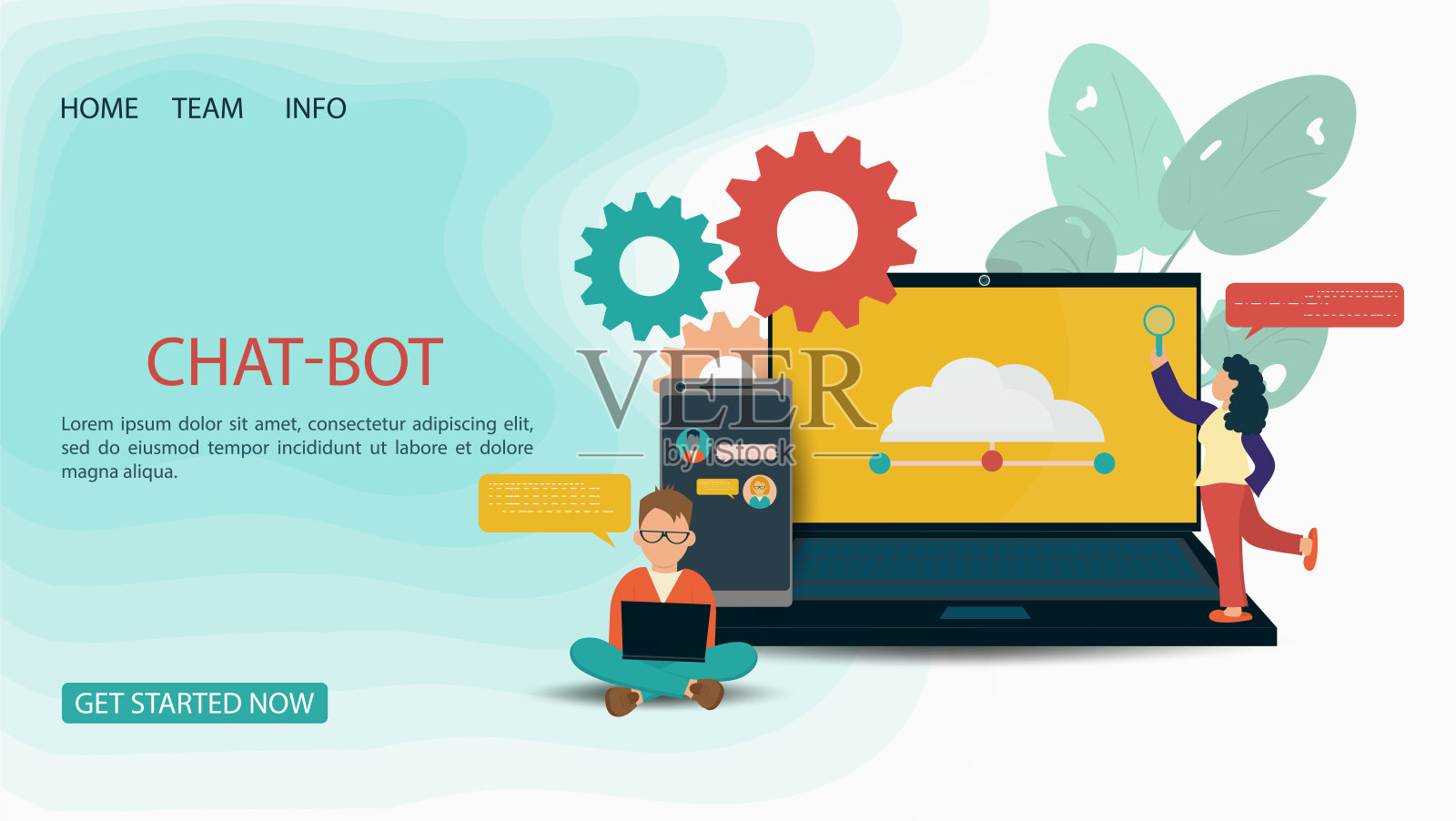 横幅上的小人，一个男人和一个女人靠近显示器和电话，为网站或移动应用人工智能平面矢量插画概念漫画插画图片素材