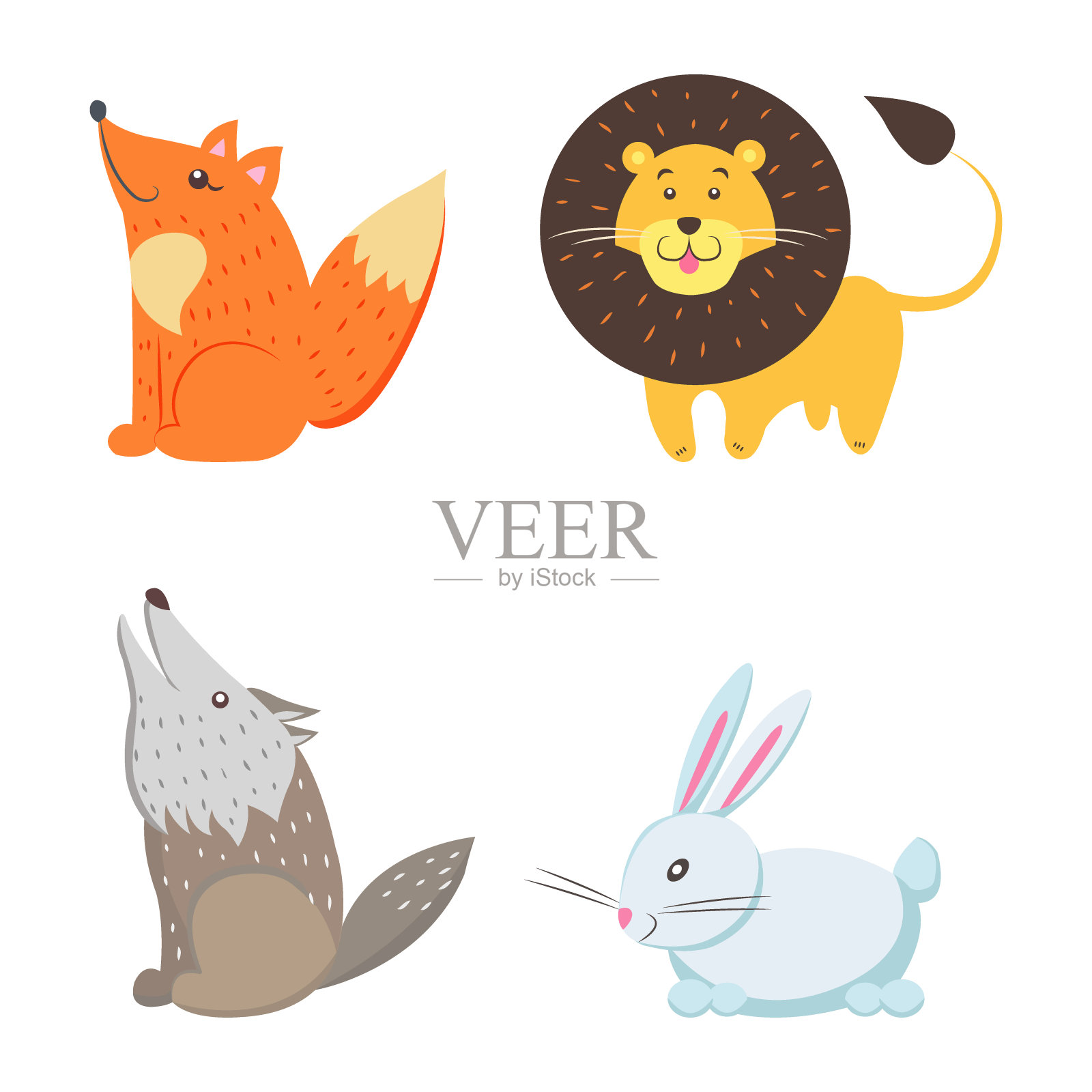 红狐狸，黄狮子，嚎叫的狼，白兔插画图片素材