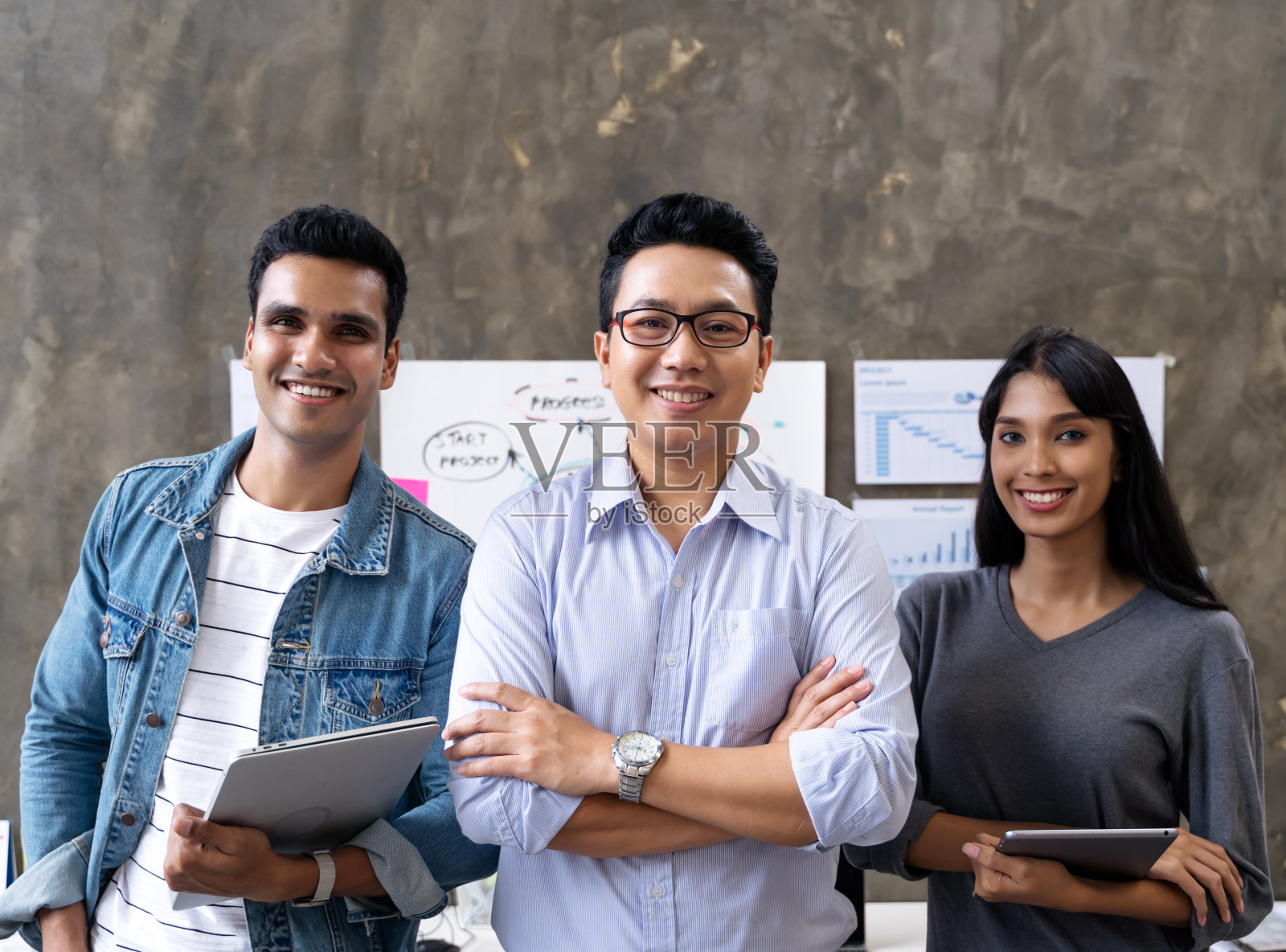 亚洲创意商业团队肖像。在现代办公室领导有创意的创业年轻人。照片摄影图片