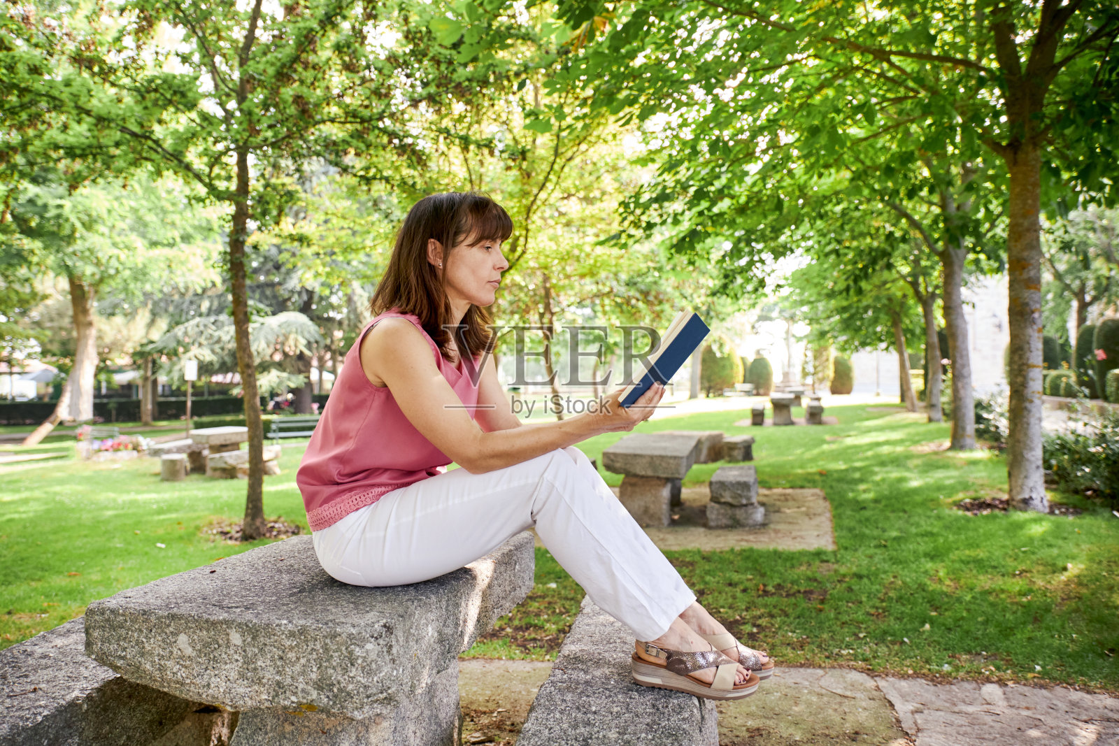 一个女人坐在公园里看书照片摄影图片