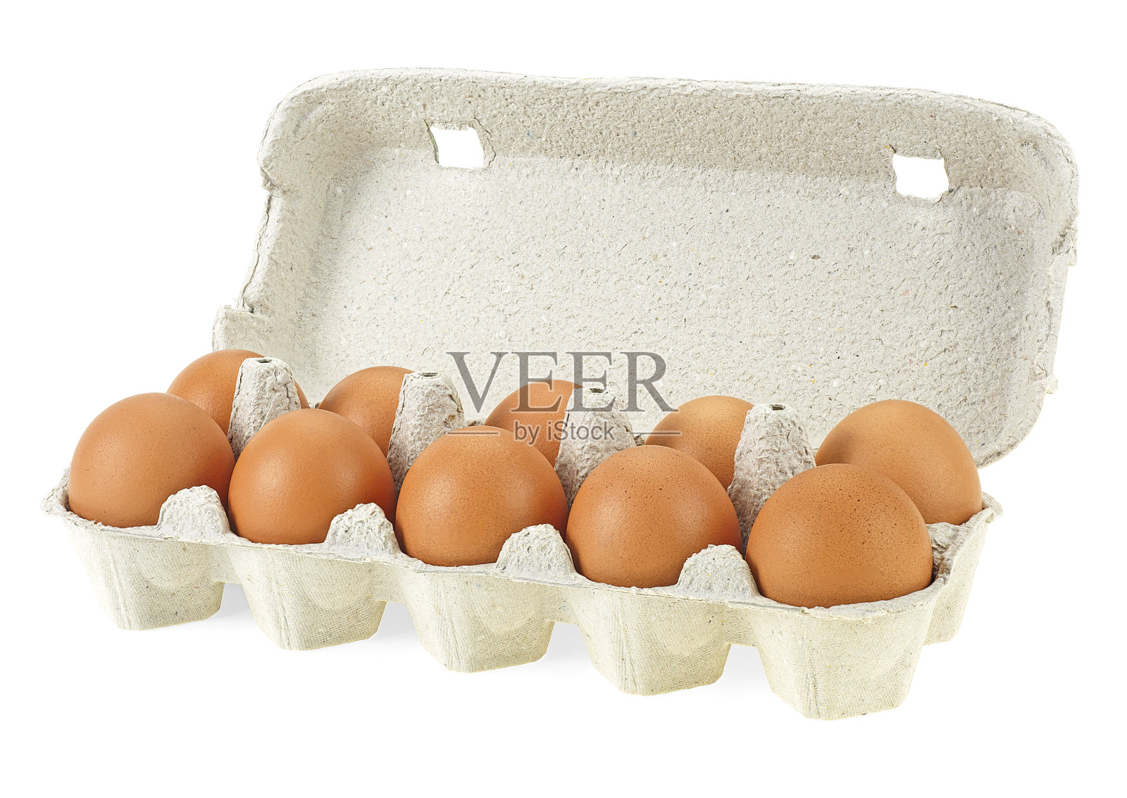 十个棕色的鸡蛋放在一个单独以白色底色包装的纸箱里照片摄影图片