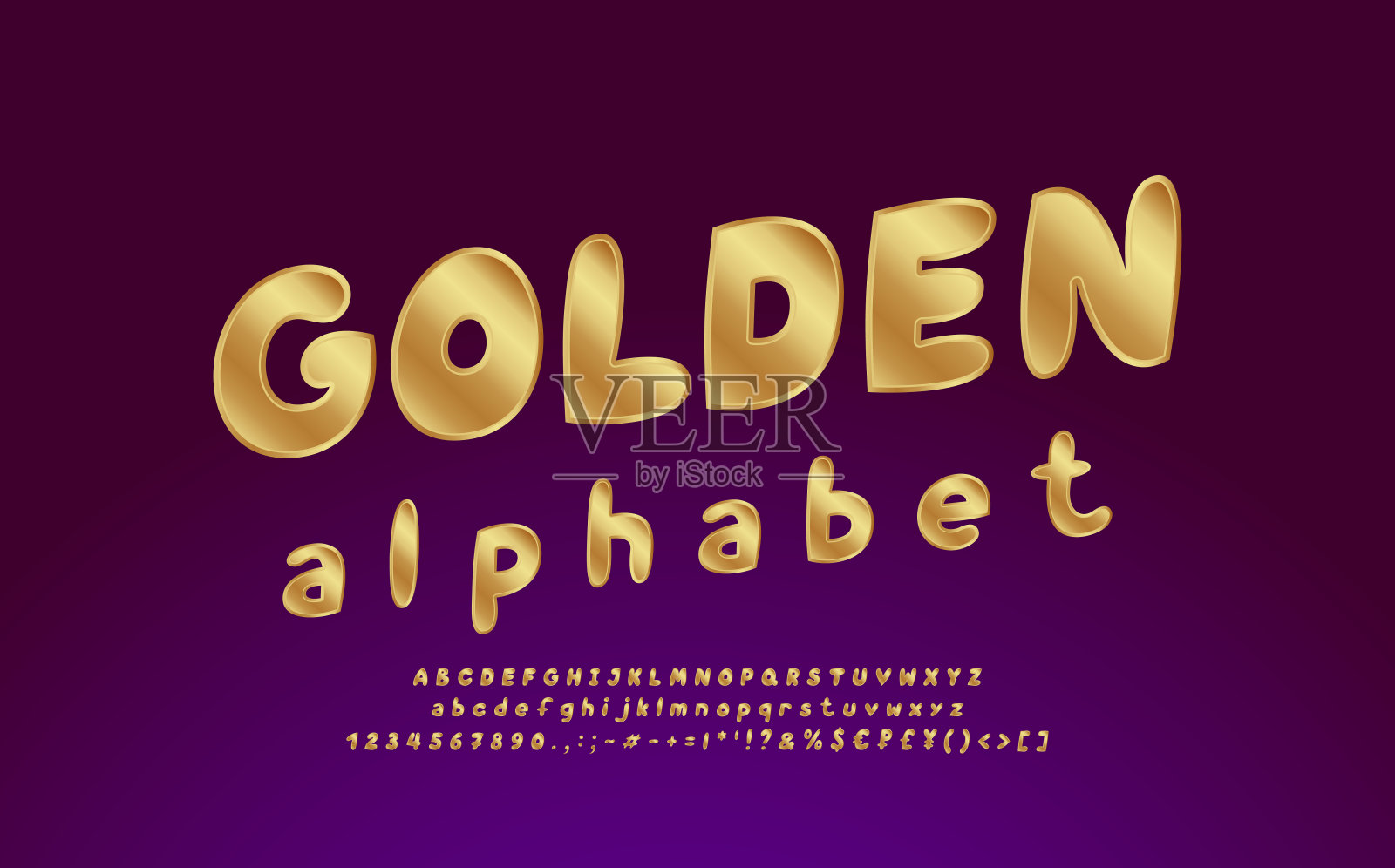 金色的字母。优雅的矢量字体，大写和小写字母，数字，标点符号，货币符号。深紫色渐变背景设计元素图片