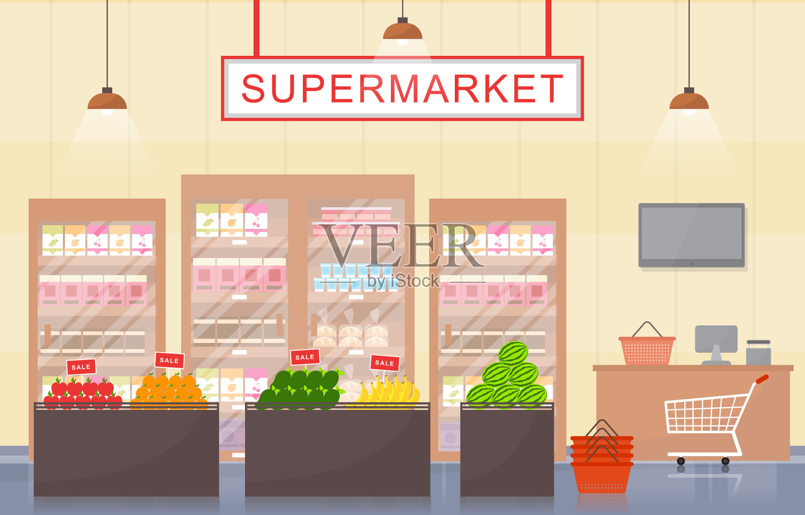 超市杂货店货架商店零售商店购物中心室内平面插图插画图片素材