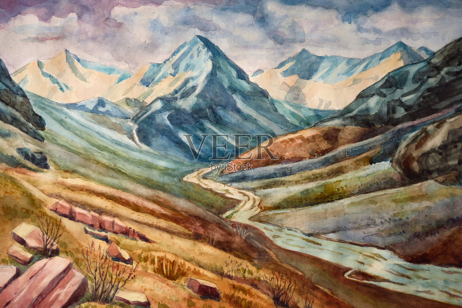 水彩插图。风景有日落、日出的山谷。插画图片素材