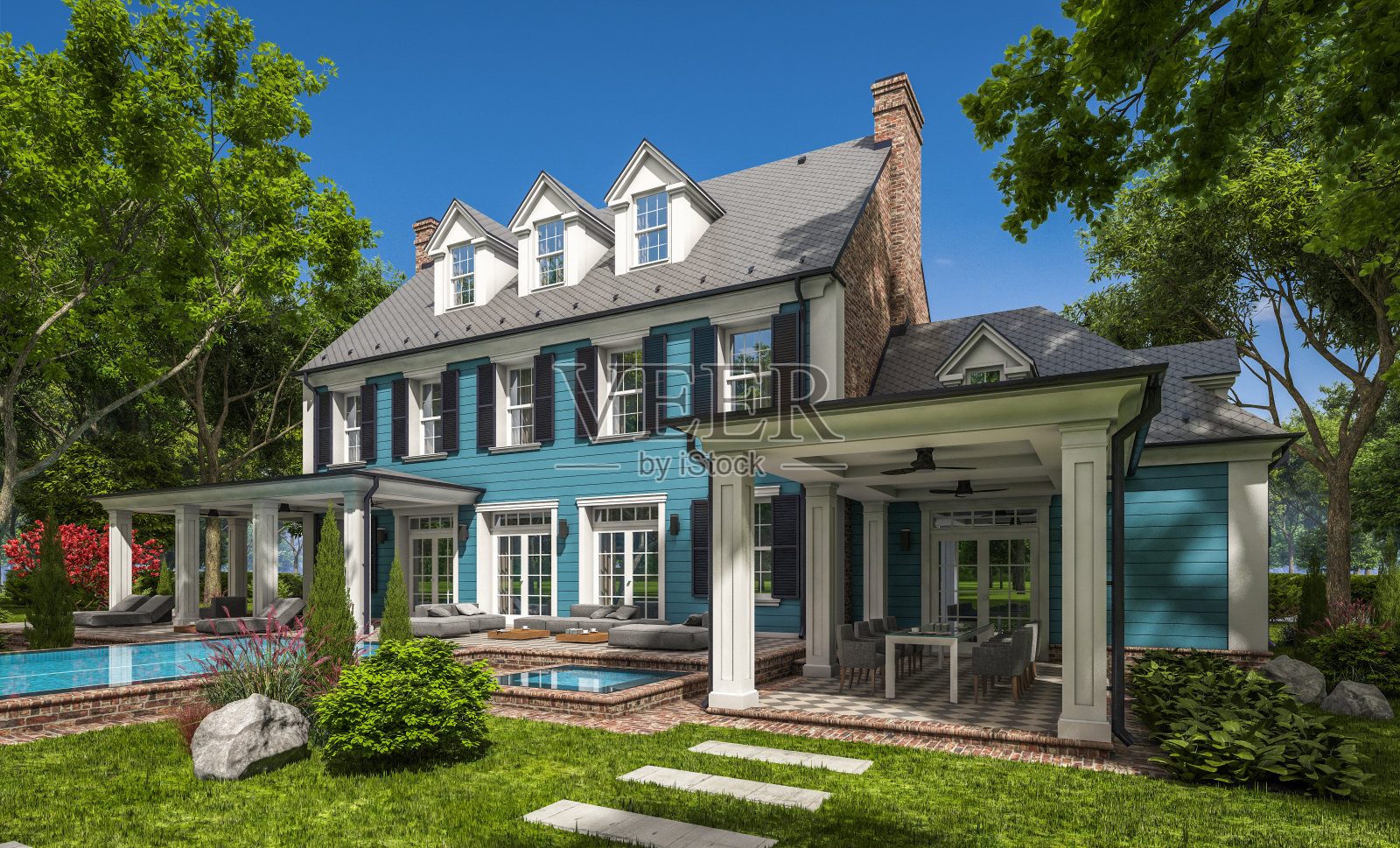 殖民风格的现代古典住宅的3d渲染照片摄影图片
