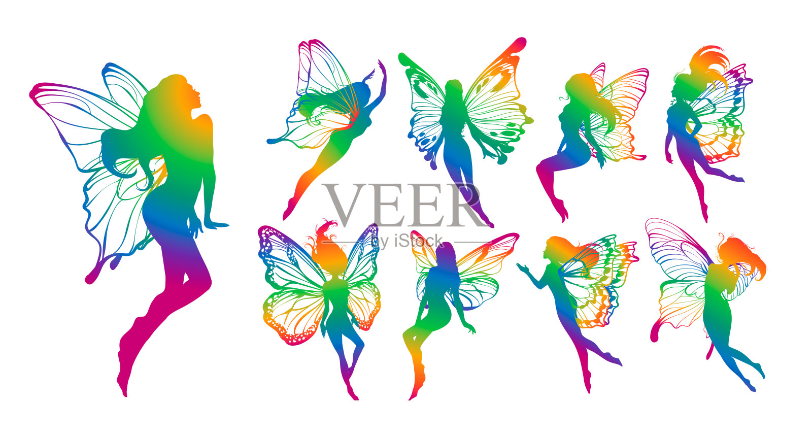 可爱仙女艺术。美丽的仙女剪影合集，小仙女套装。手绘矢量插画设计元素图片