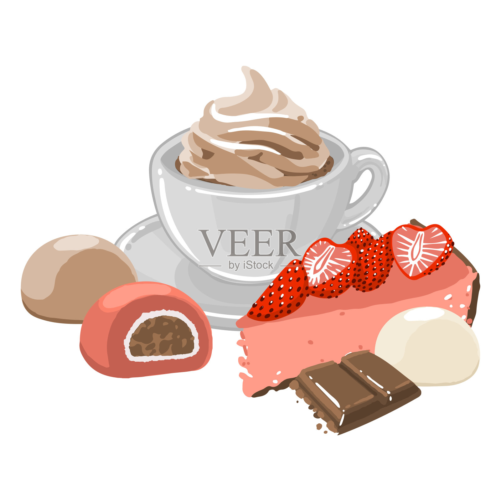 一杯咖啡或热巧克力和鲜奶油，周围有不同的糕点插画图片素材