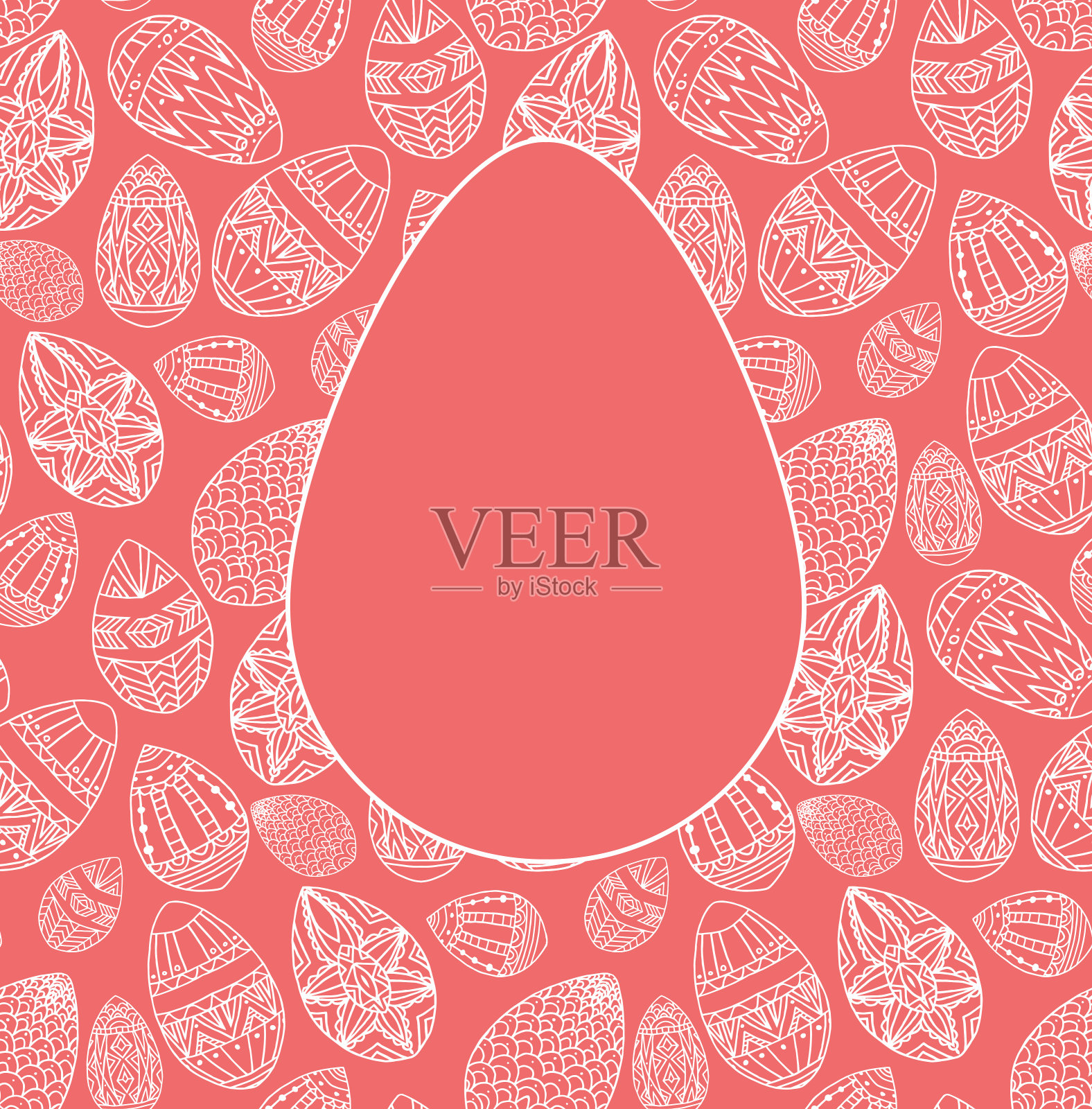 节日方形卡片与复活节涂鸦蛋波西米亚图案和鸡蛋轮廓文字在粉红色的背景。向量模板插画图片素材