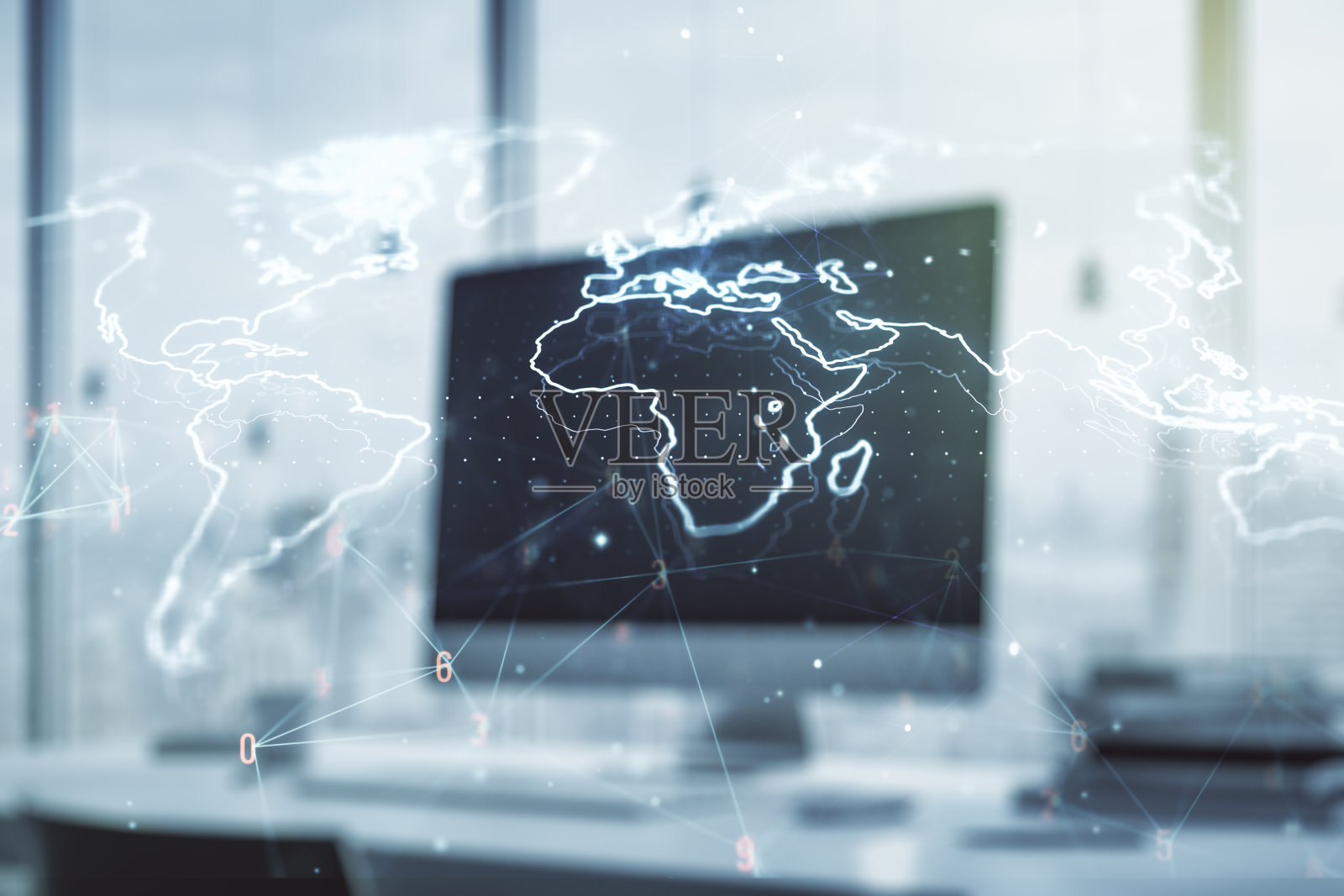 多重曝光抽象创意数字世界地图在笔记本电脑的背景下，研究和分析的概念照片摄影图片