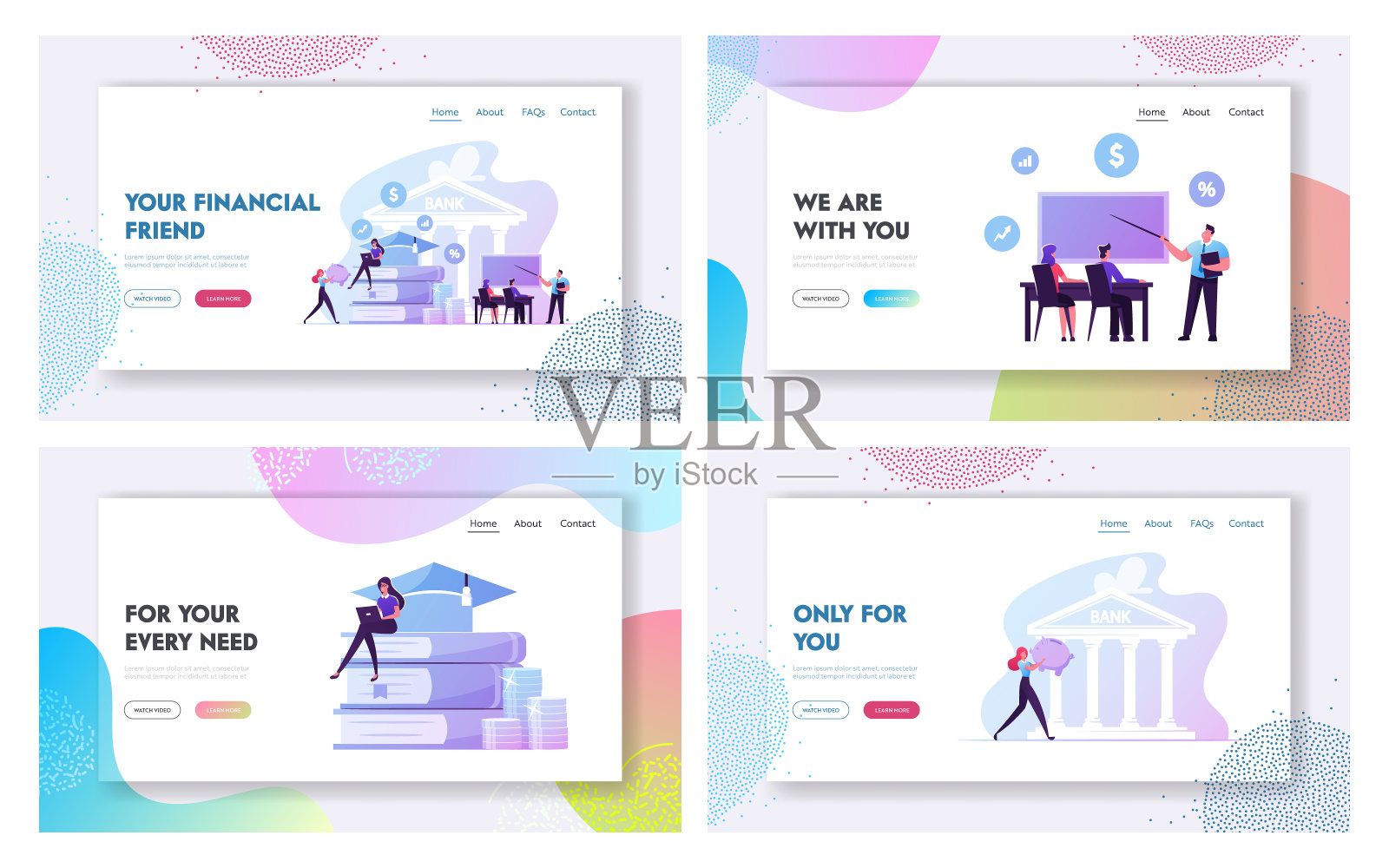 投资知识，教育贷款着陆页模板集。为了投资教育和未来成功的事业，微型学生角色在银行里拿钱。卡通矢量图插画图片素材