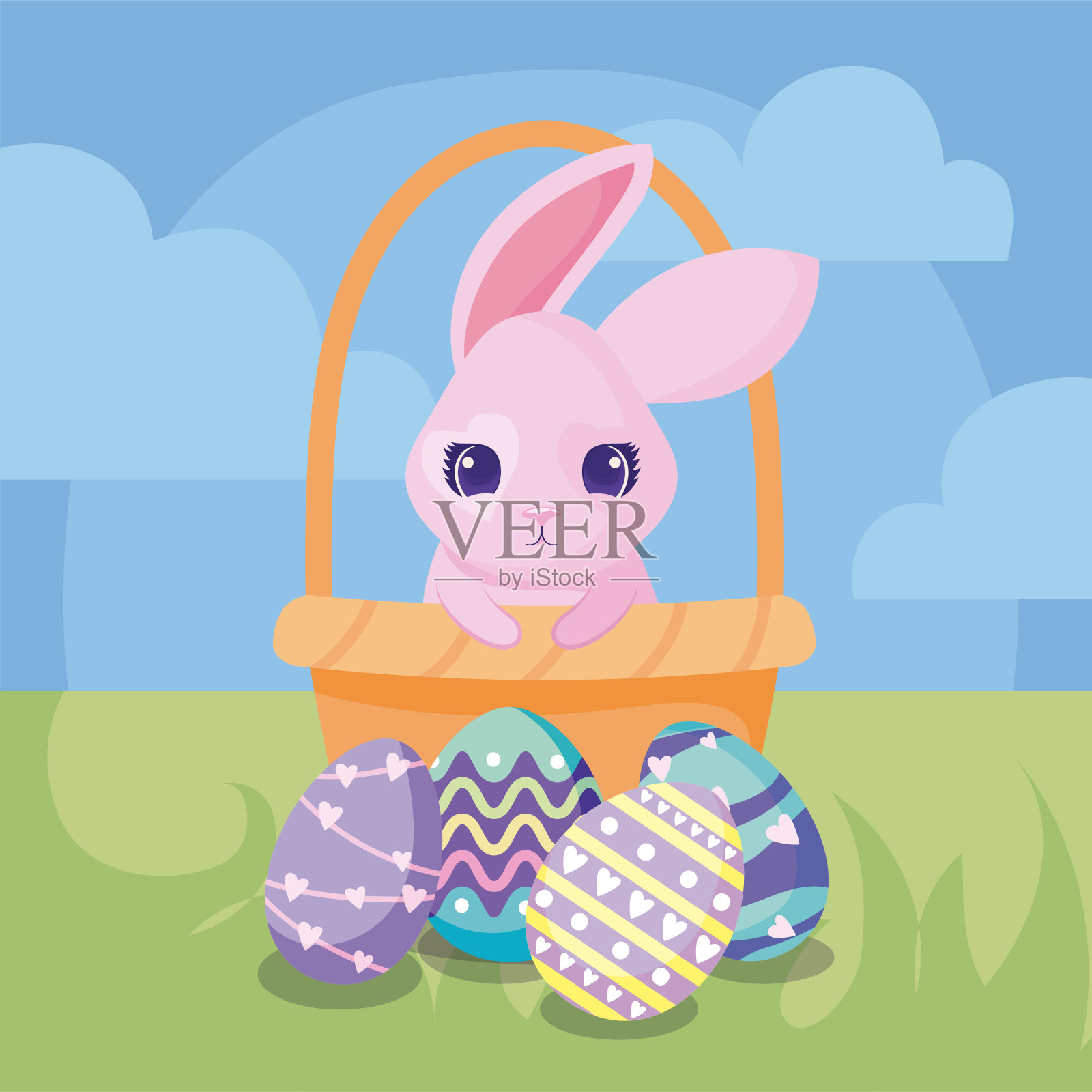 复活节快乐篮子设计有卡通兔子和复活节彩蛋，设计色彩丰富插画图片素材