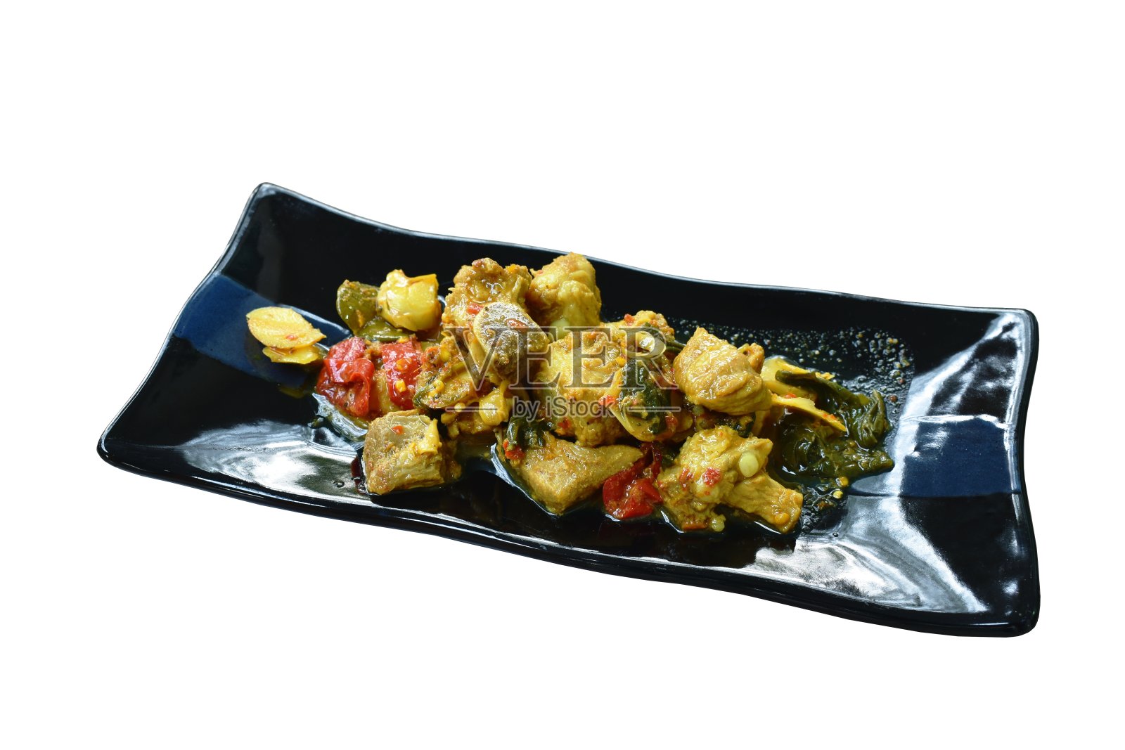 辣炒猪骨或肋排配黄咖喱，泰国南部食物照片摄影图片