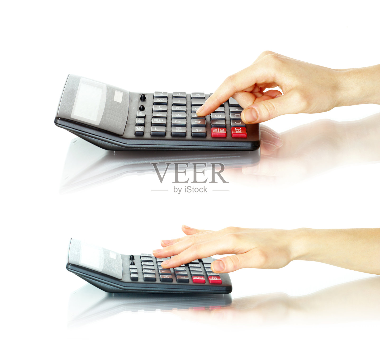 计算器与手孤立在白色照片摄影图片