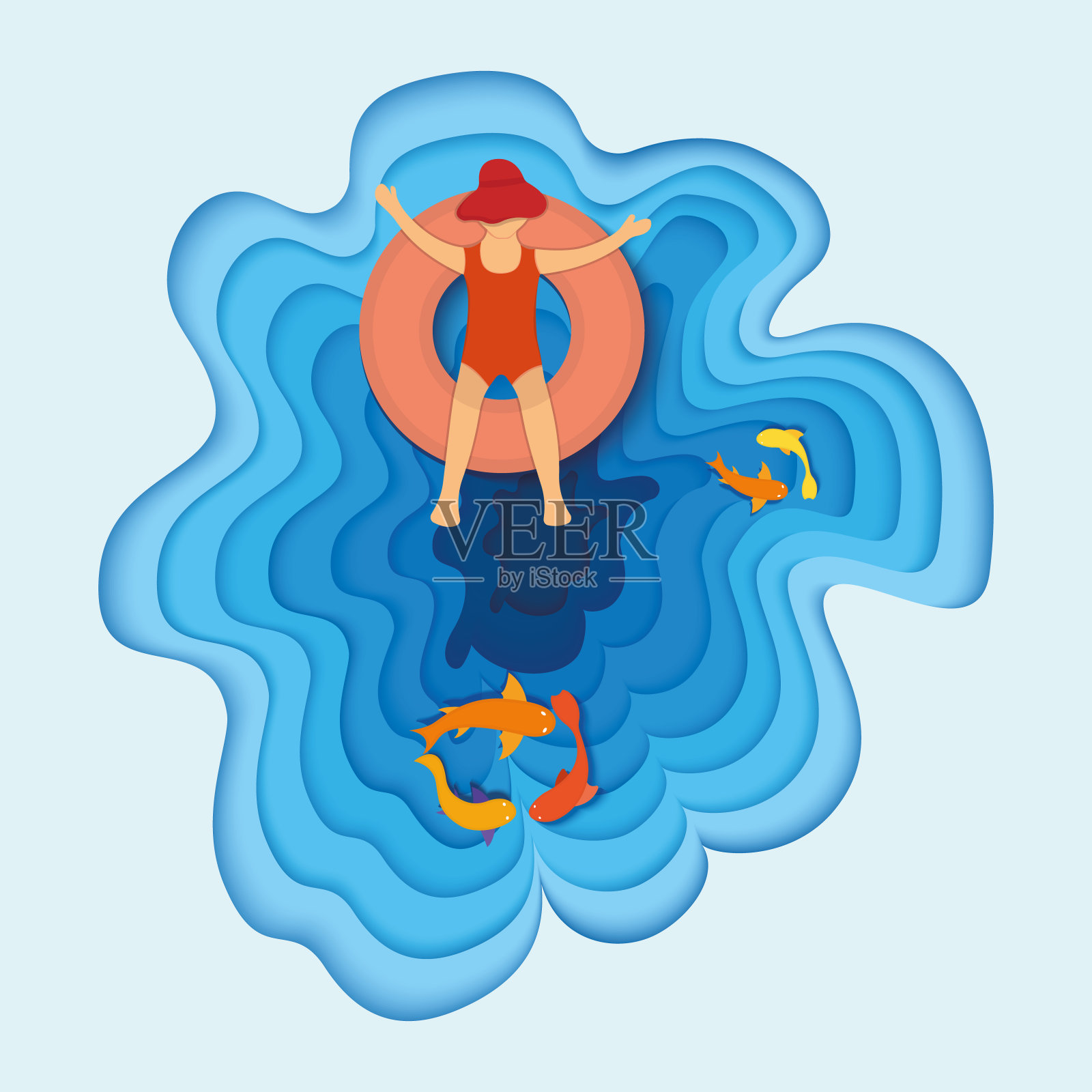 热带度假海，儿童人物水床垫，海洋鱼，概念剪纸矢量插图。插画图片素材